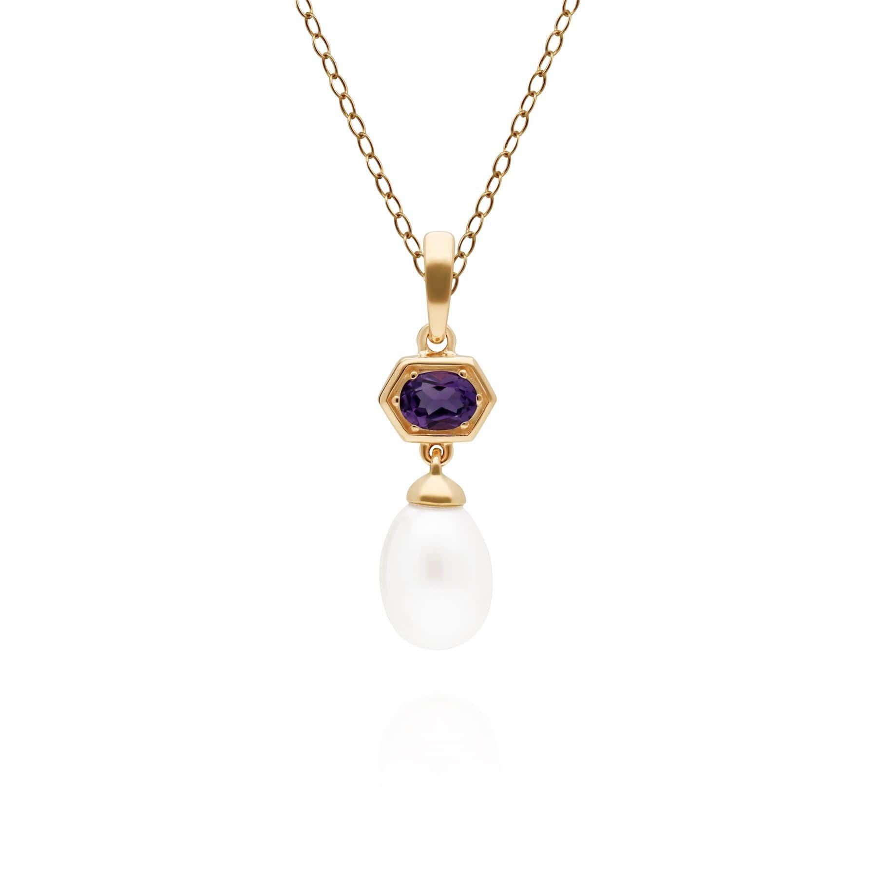270P030210925 Modern Pearl & Amethyst Hexagon Drop Pendant in Gold Plated Silver 1