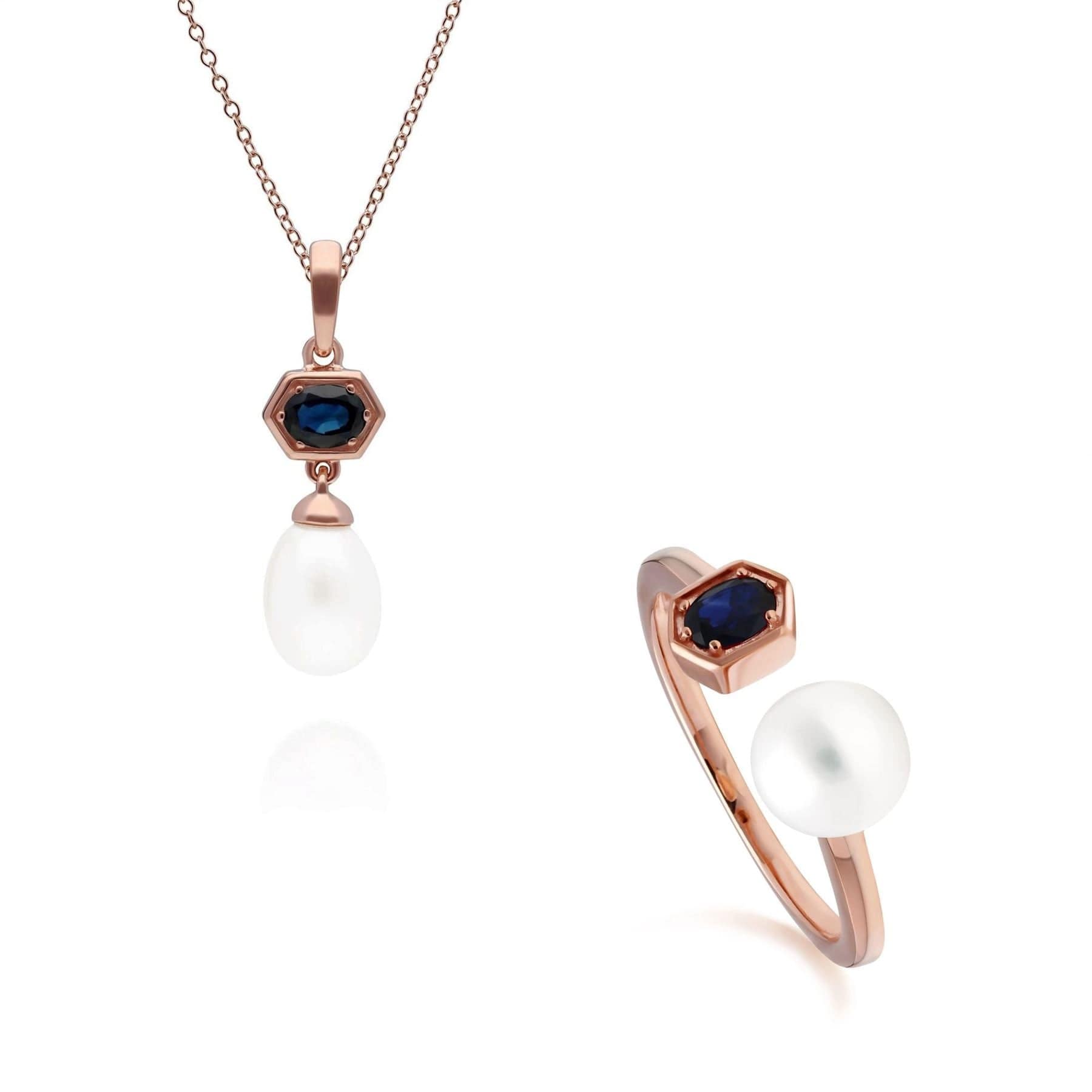 270P030401925-270R058901925 Modern Pearl & Sapphire Ring & Pendant Set in Rose Gold Plated  Silver 1