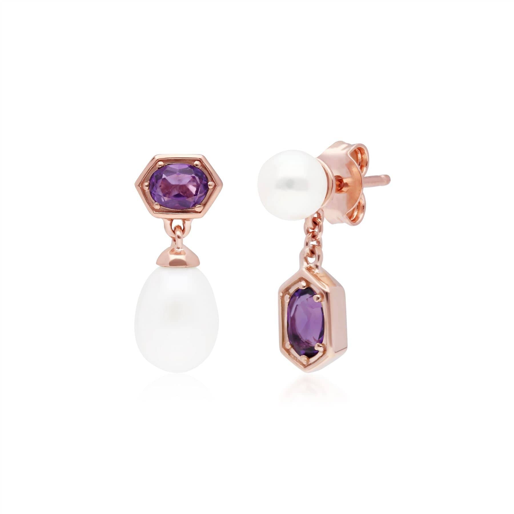 270E030410925 Modern Pearl & Amethyst Mismatched Drop Earrings in Rose Gold Plated Silver 1