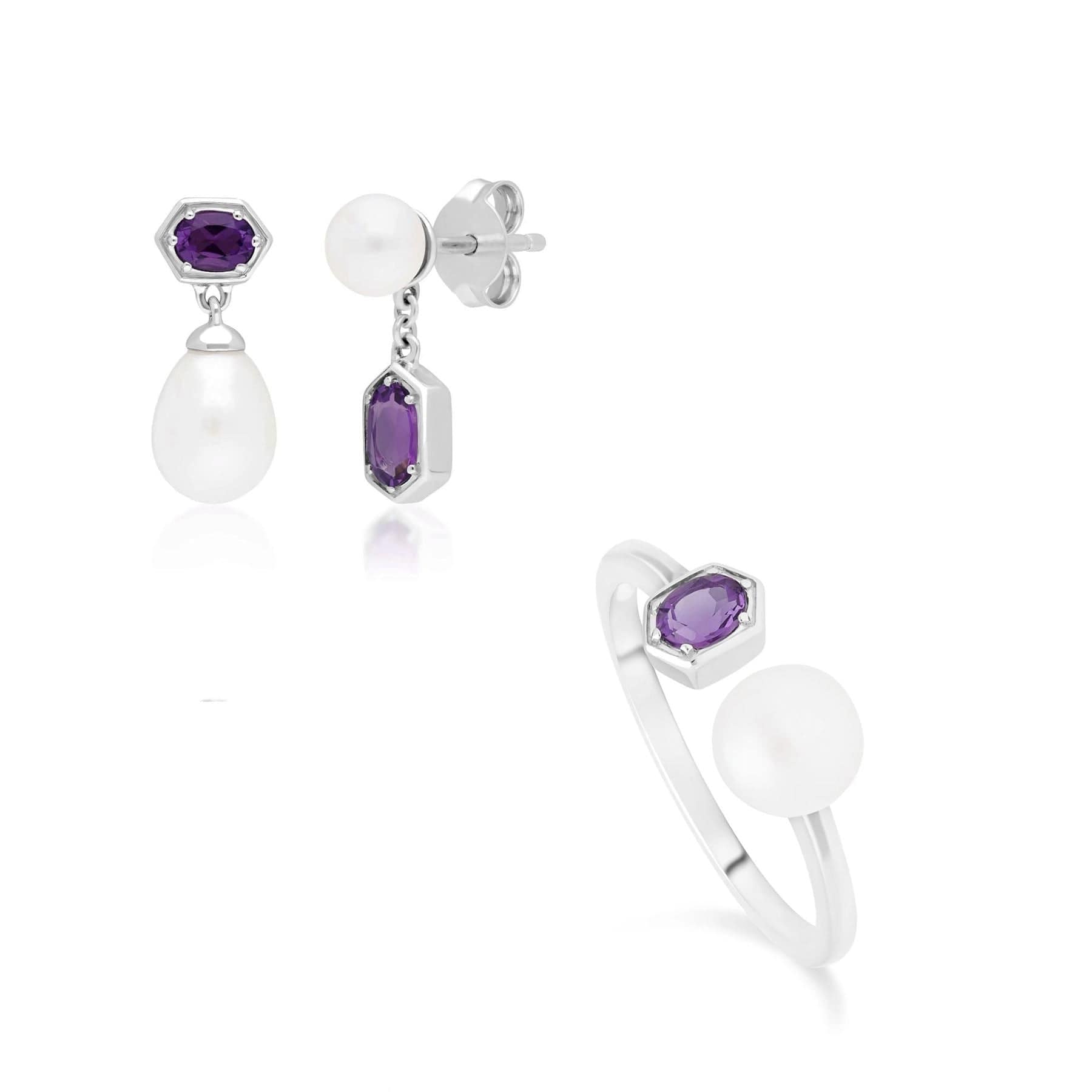 Modern Pearl & Amethyst Ring & Drop Earring Set in Sterling Silver - Gemondo