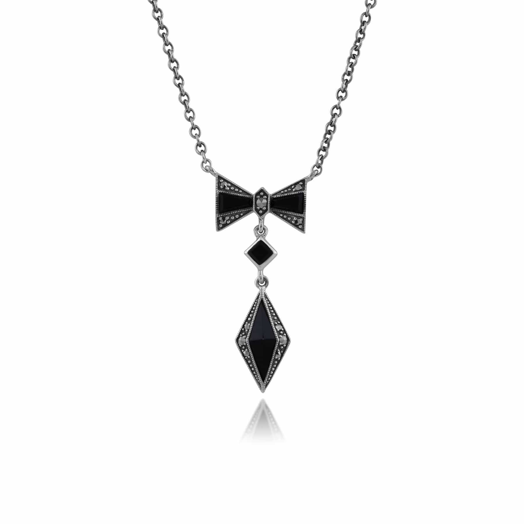214N675701925 Gemondo 925 Sterling Silver 0.65ct Black Onyx & Marcasite Art Deco 45cm Necklace 1