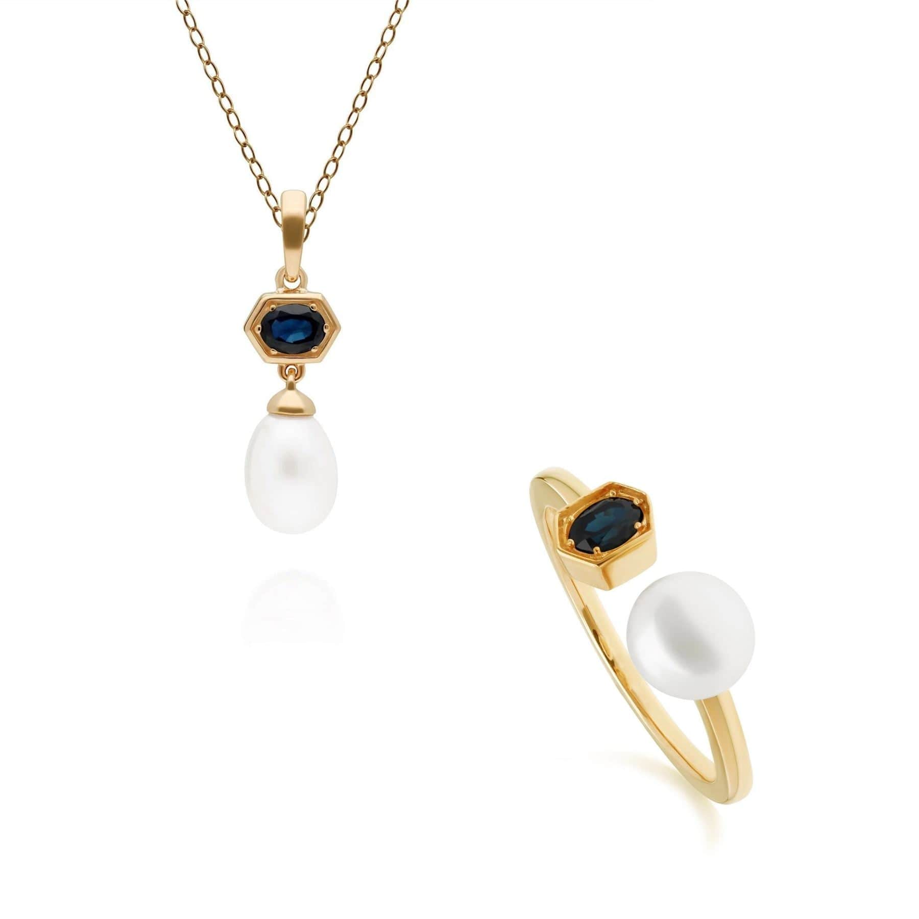 270P030201925-270R058701925 Modern Pearl & Sapphire Pendant & Ring Set in Gold Plated Silver 1