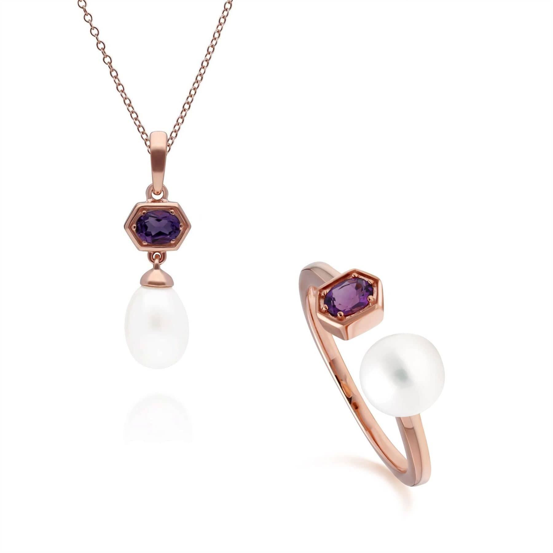 270P030410925-270R058904925 Modern Pearl & Amethyst Pendant & Ring Set in Rose Gold Plated Silver 1