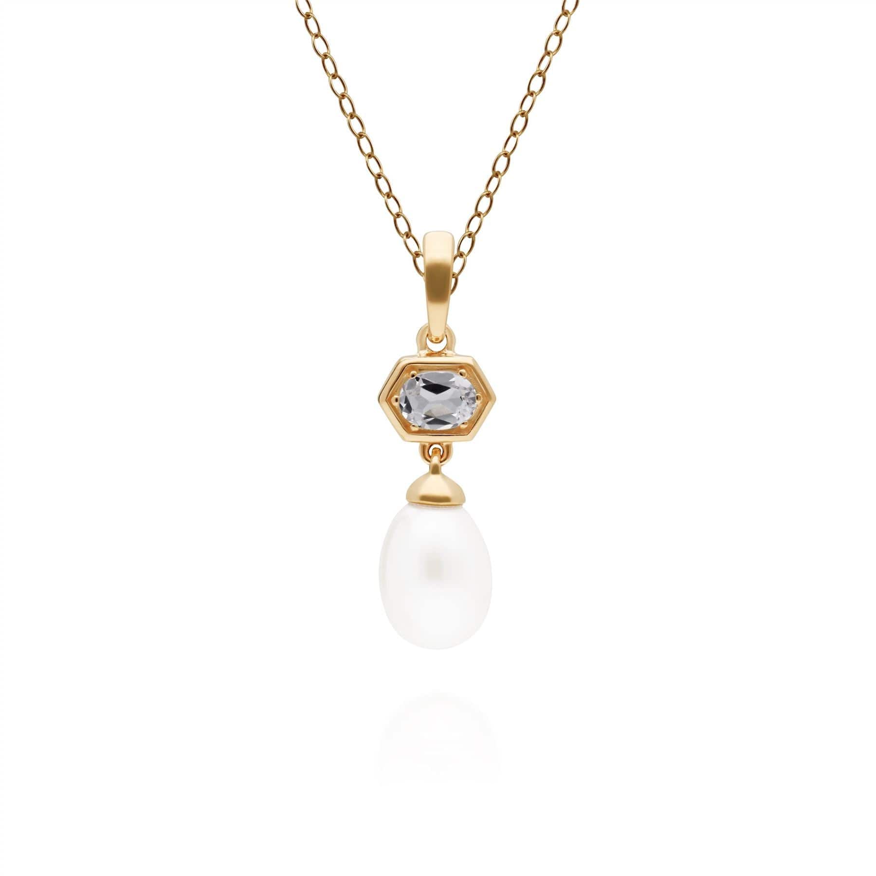 Modern Pearl & White Topaz Hexagon Drop Pendant in Gold Plated Sterling Silver