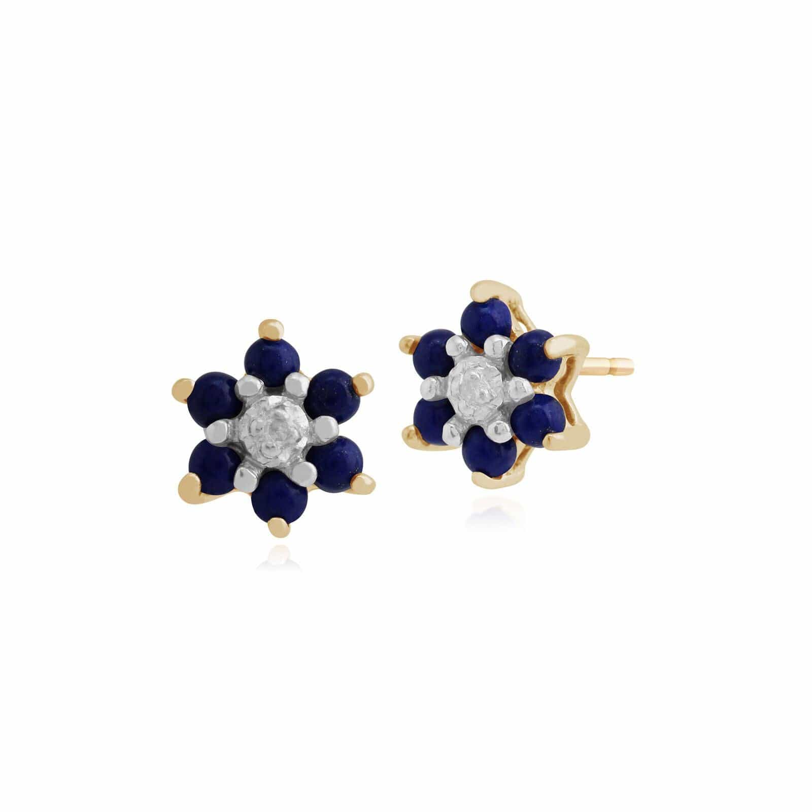 181E0726049 Floral Round Lapis Lazuli & Diamond Cluster Stud Earrings in 9ct Yellow Gold 1