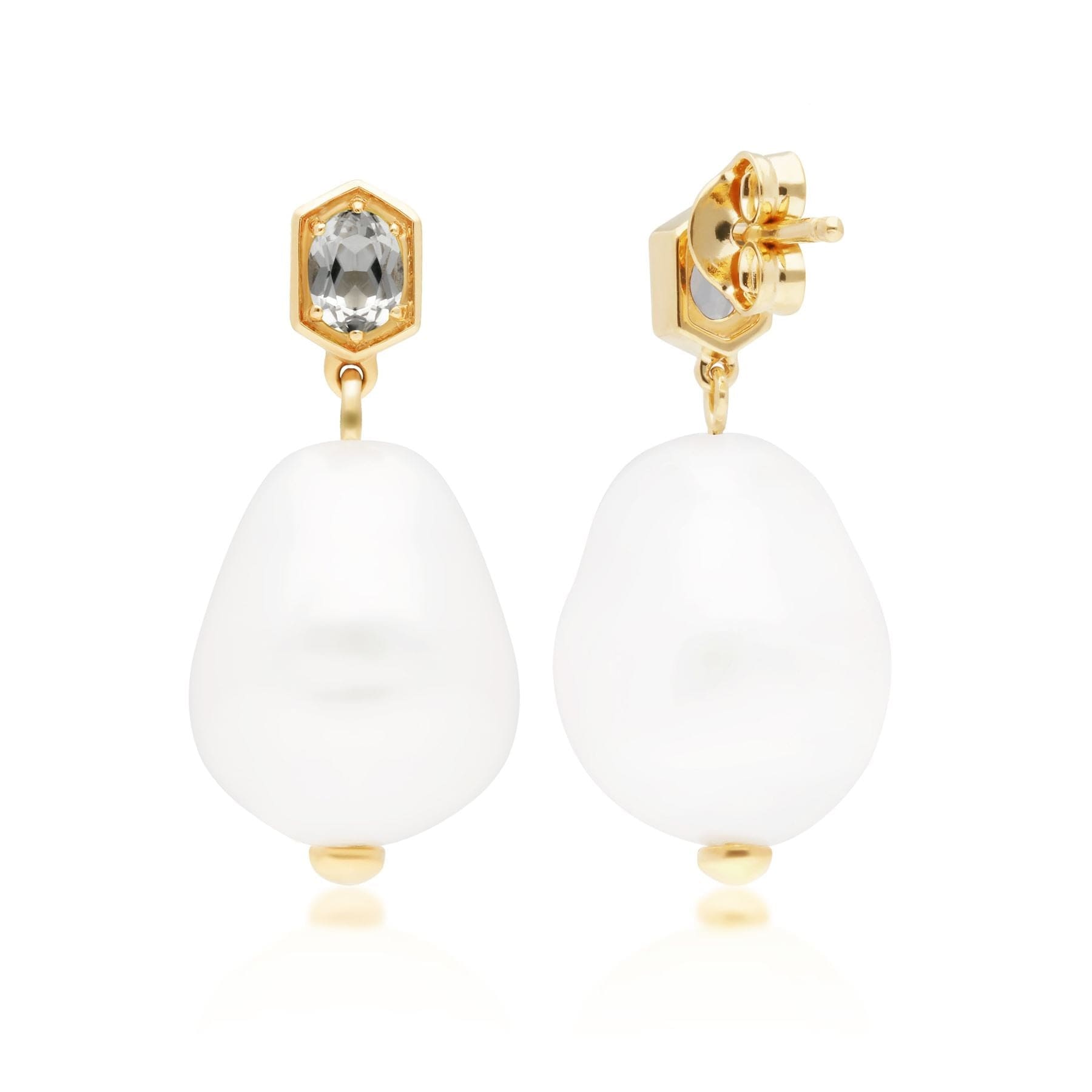 270E028210925 Modern Baroque Pearl & White Topaz Drop Earrings in Gold Plated Silver 3