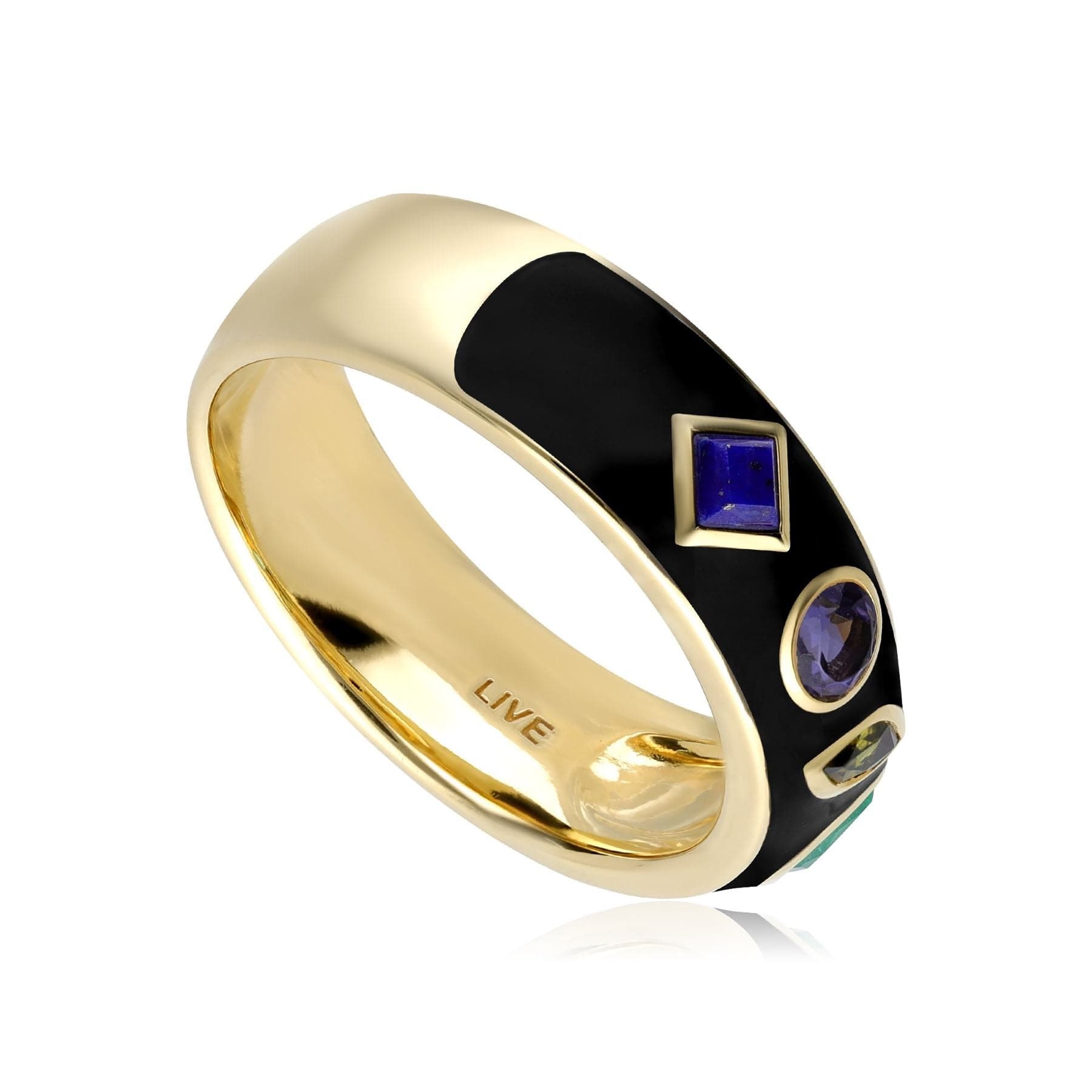 253R663801925 Coded Whispers Black Enamel 'Live' Acrostic Gemstone Ring In Yellow Gold Plated Silver 6