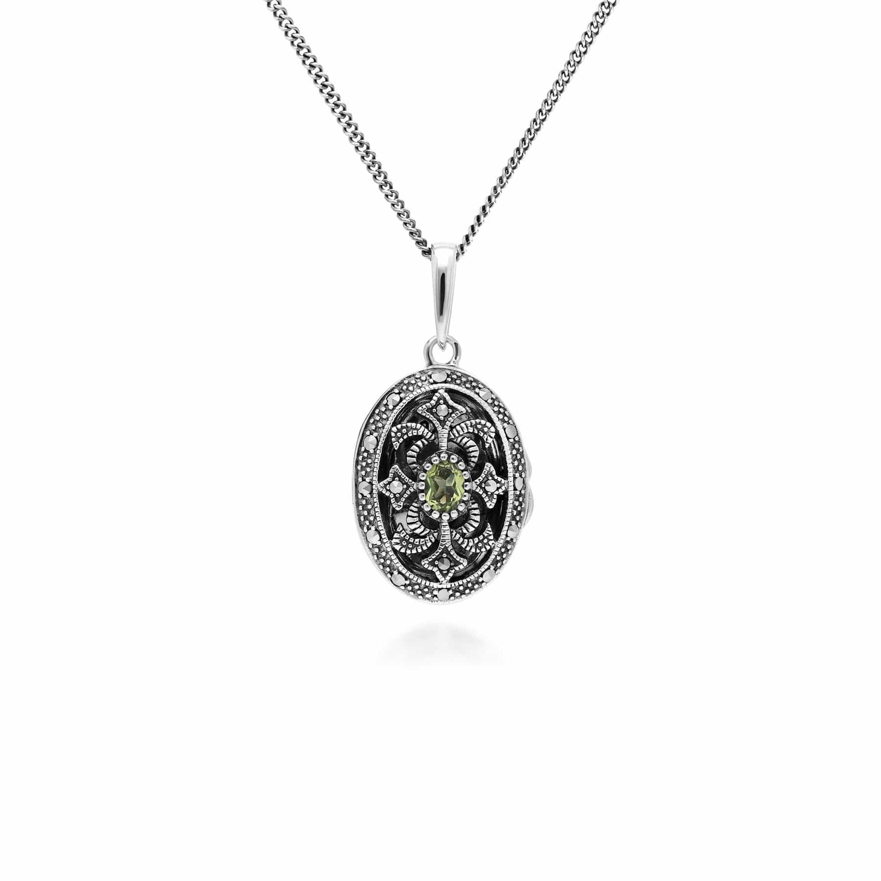 214N716207925 Art Nouveau Style Oval Peridot & Marcasite Locket Necklace in 925 Sterling Silver 1