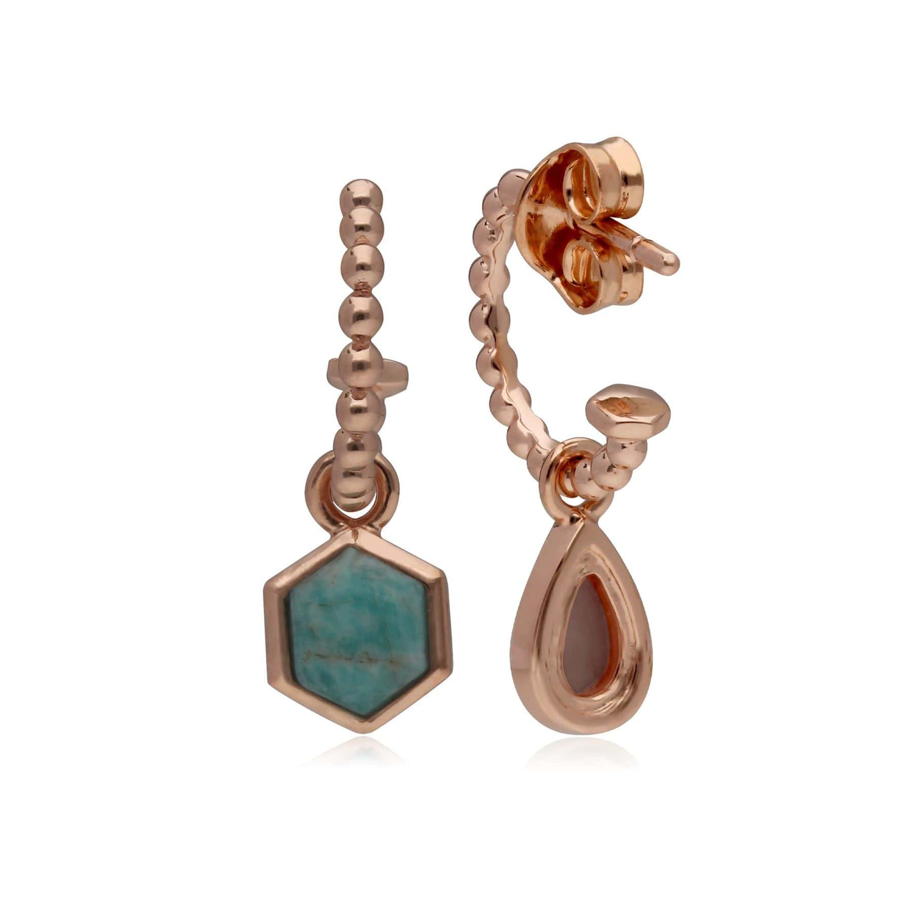 270E029601925 Micro Statement Rhodochrosite & Amazonite Mismatched Hoop Earrings in Rose Gold Silver 3