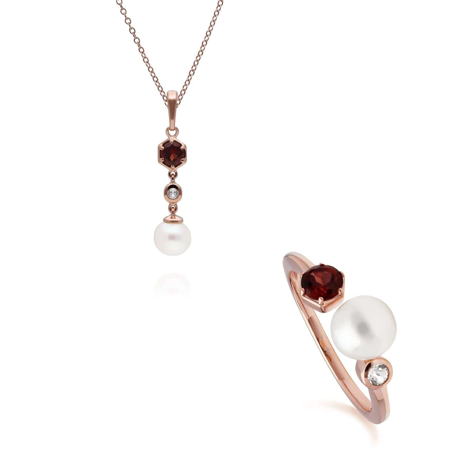 Modern Pearl, Garnet & Topaz Pendant & Ring Set in Rose Gold Plated Silver - Gemondo