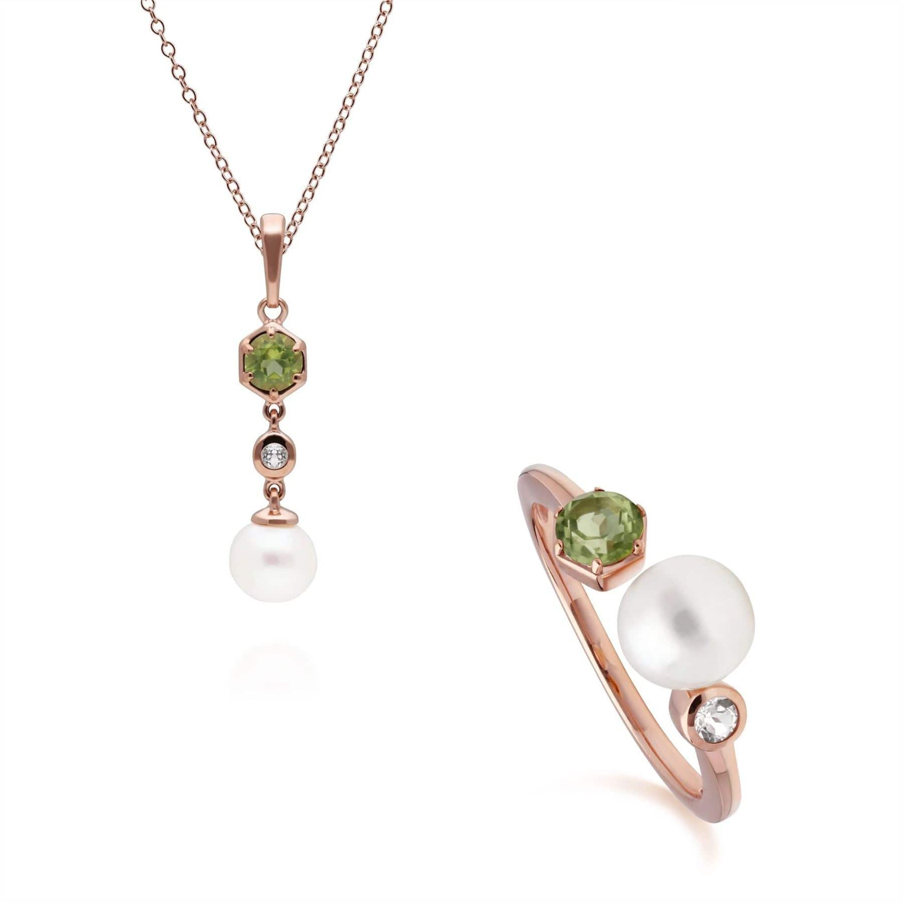 270P030306925-270R058806925 Modern Pearl, Peridot & Topaz Pendant & Ring Set in Rose Gold Plated Silver 1