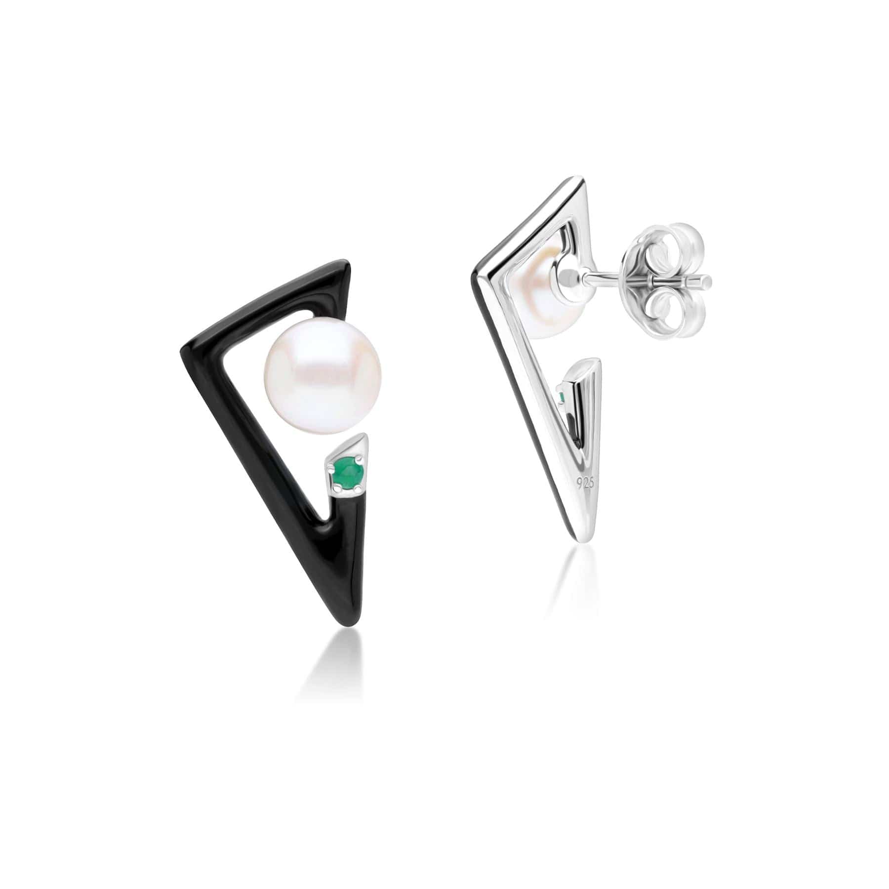 270E035301925 Grand Deco Enamel, Emerald & Pearl Retro Earrings In Sterling Silver 4