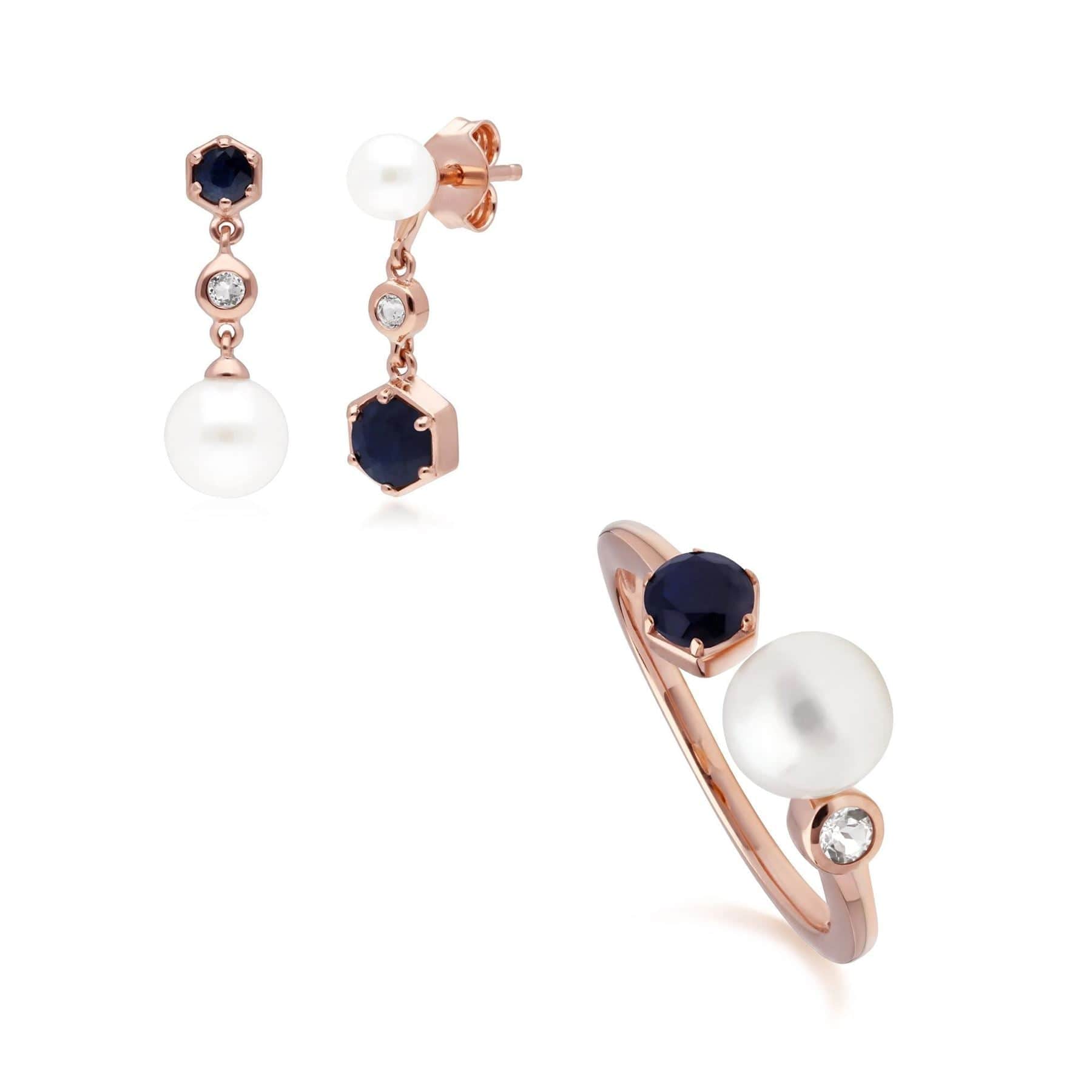 270E030301925-270R058801925 Modern Pearl, Sapphire & Topaz Ring & Earring Rose Gold Plated Set 1