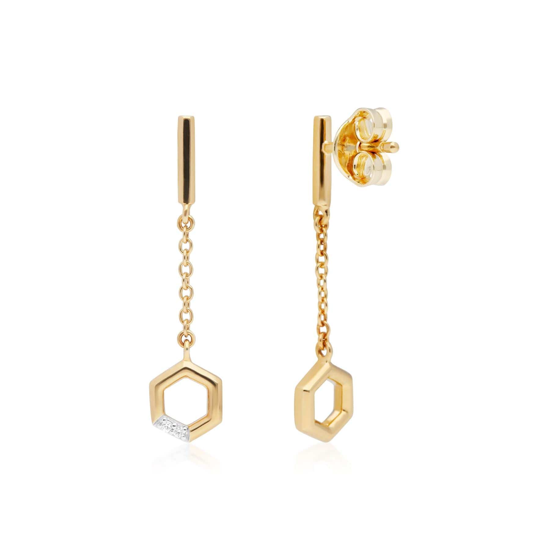 191E0396029 Hexagon Diamond Dangle Drop Earrings in 9ct Yellow Gold 3