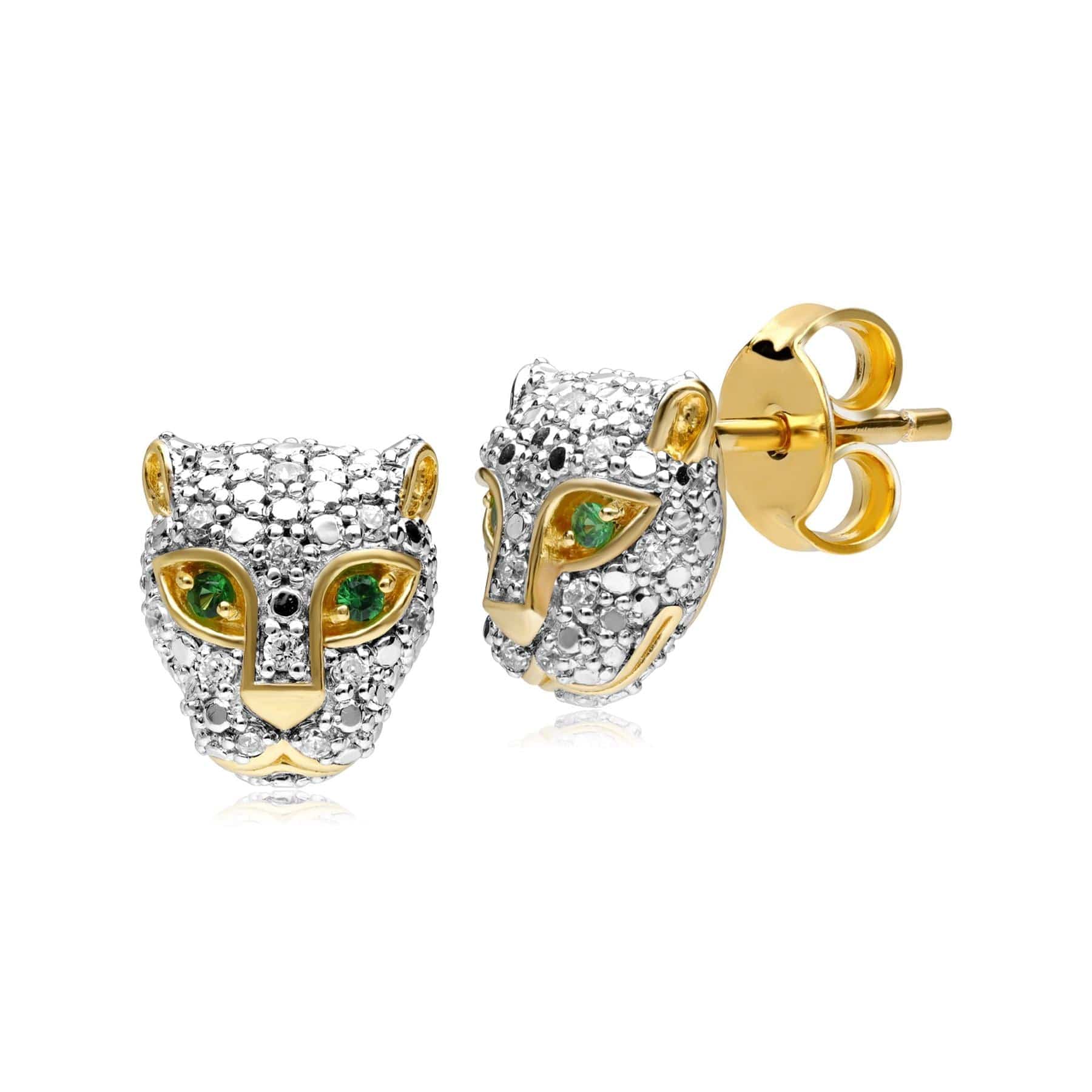 135E1776019 ECFEW™ 'The Unifier' Tsavorite & Diamond Cheetah Stud Earrings in 9ct Yellow Gold 1