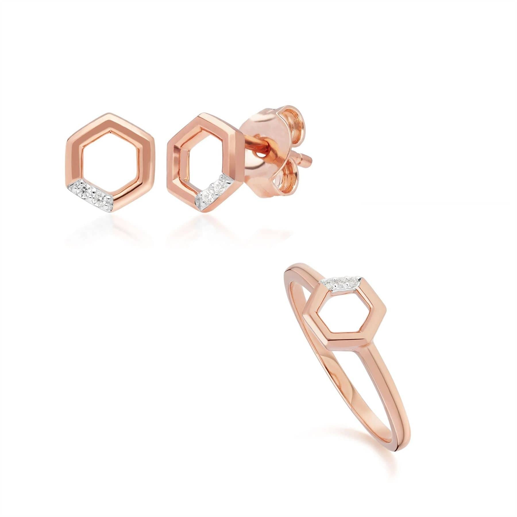 191E0400019-191R0906019 Diamond Pave Hexagon Stud Earring & Ring Set in 9ct Rose Gold 1