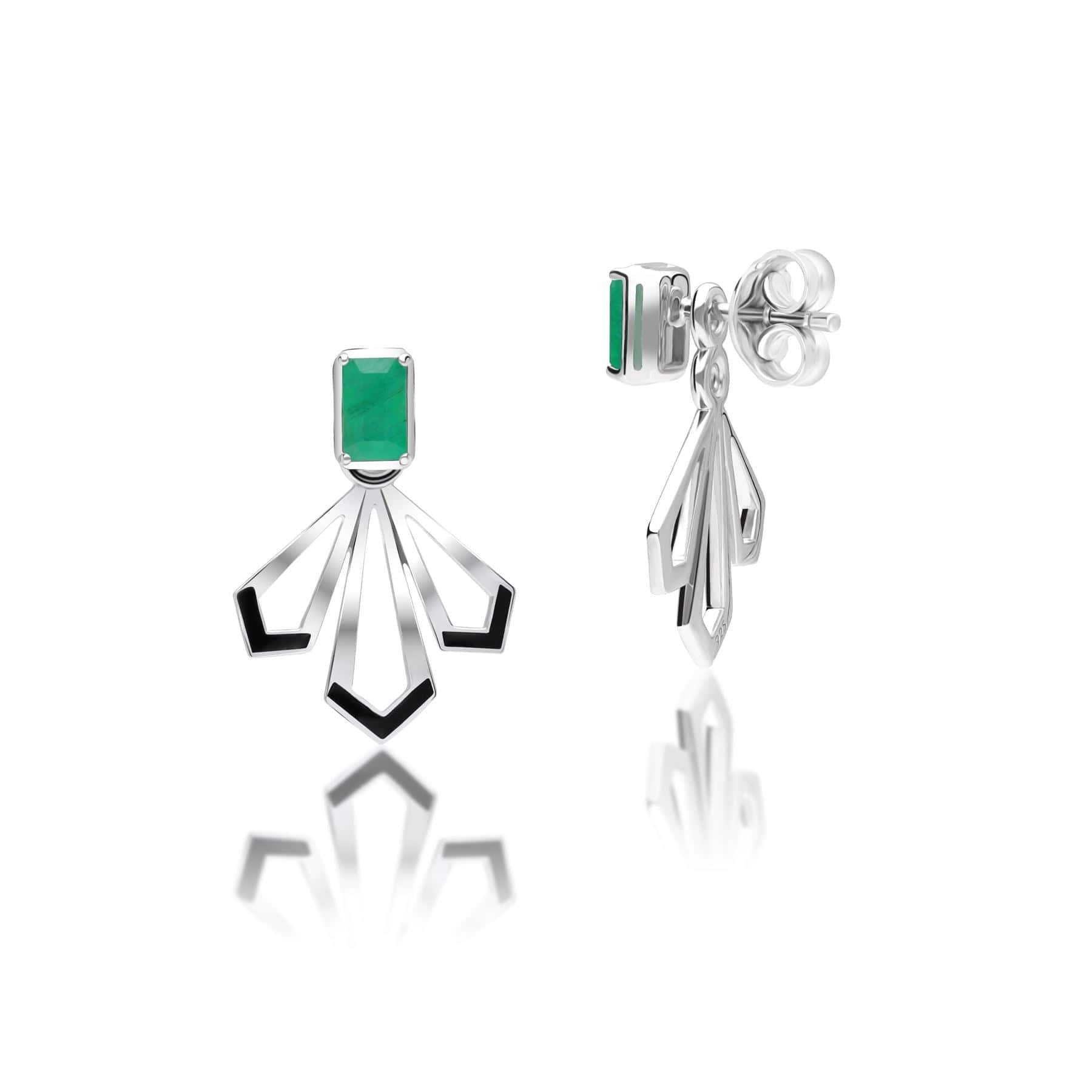 Grand Deco Emerald & Enamel Fan Earrings In Sterling Silver - Gemondo