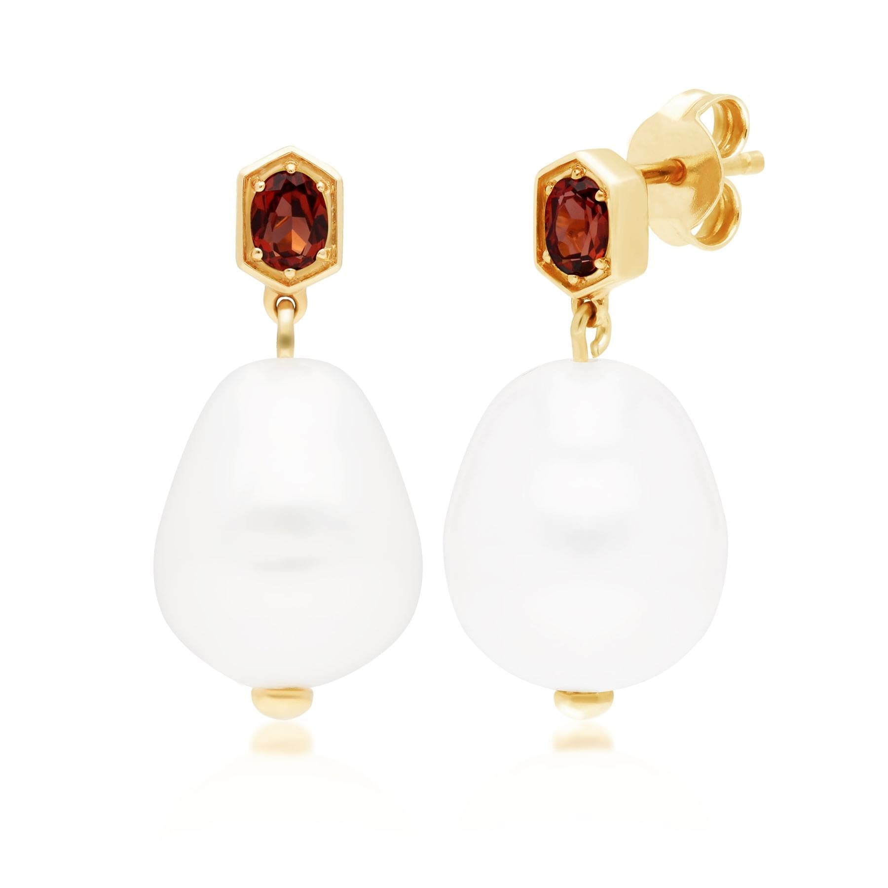 270E028208925 Modern Baroque Pearl & Garnet Drop Earrings in Gold Plated Silver 1
