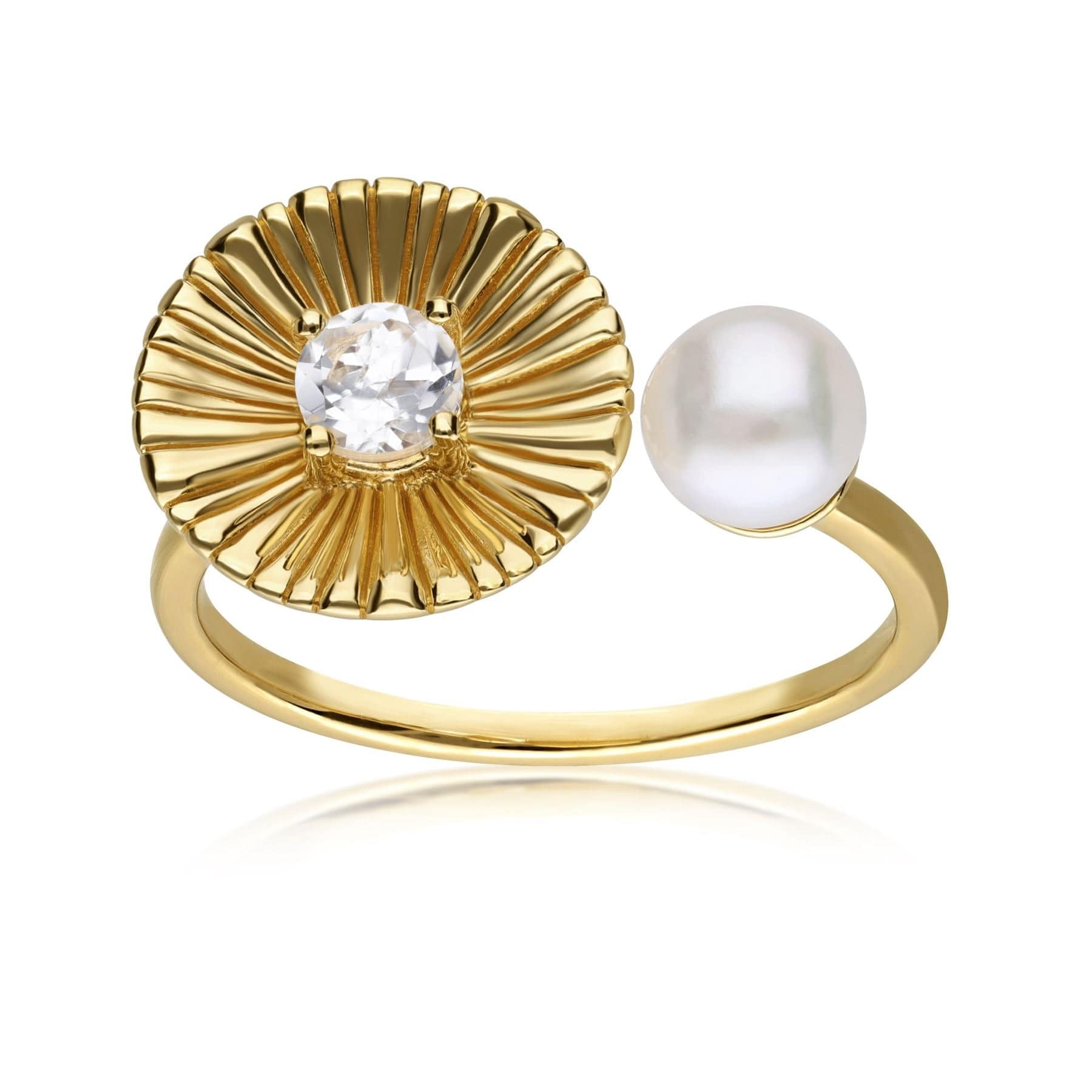 270R062501925 Caruso Pearl & White Topaz Floral Open Ring In Yellow Gold Plated Silver 4