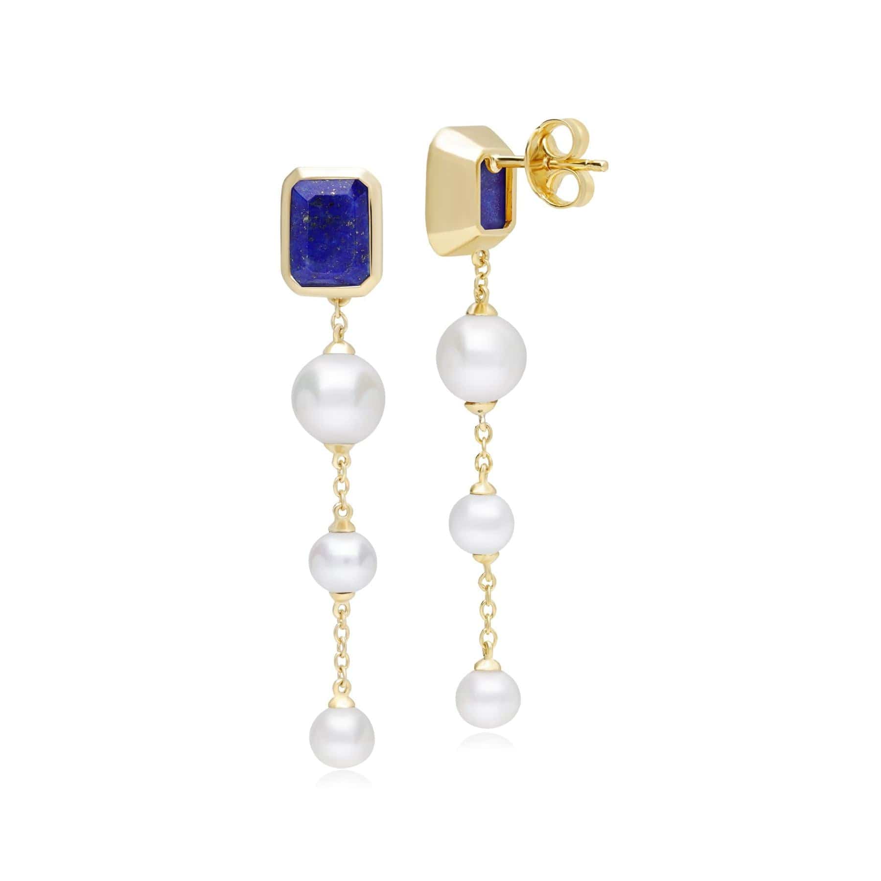 270E034001925 ECFEW™ Unifier Lapis Lazuli & Pearl Dangle Drop Earrings In Yellow Gold Plated Silver 4