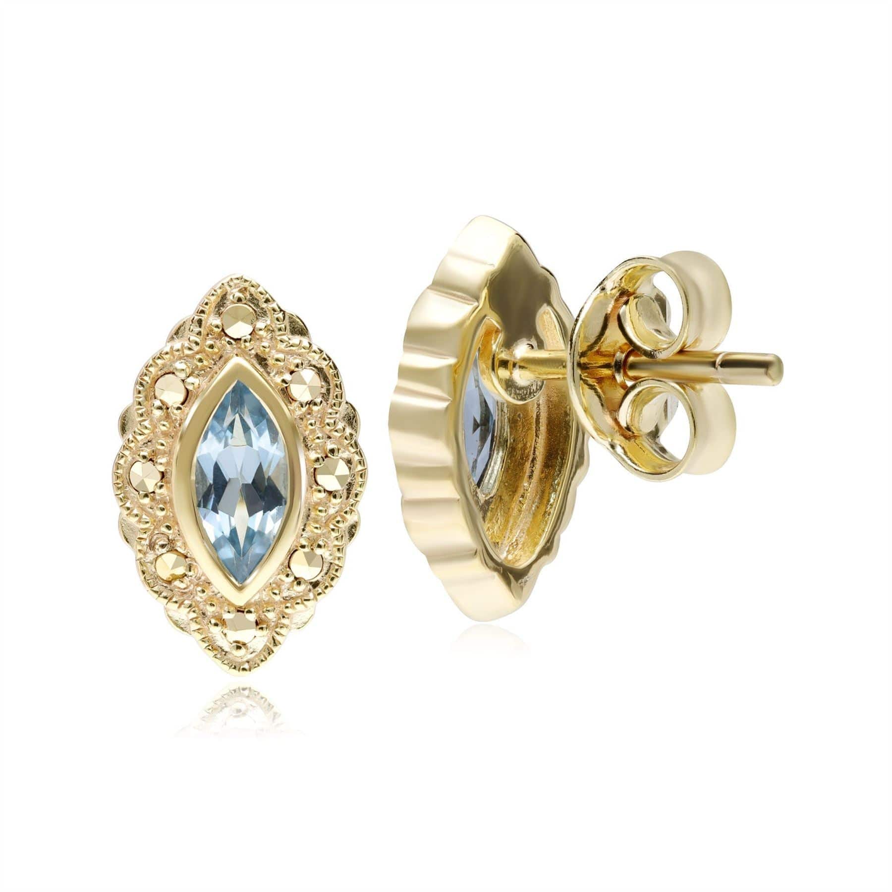 234E037401925 Marquise Blue Topaz & Marcasite Stud Earrings in 18ct Gold Plated Silver 4