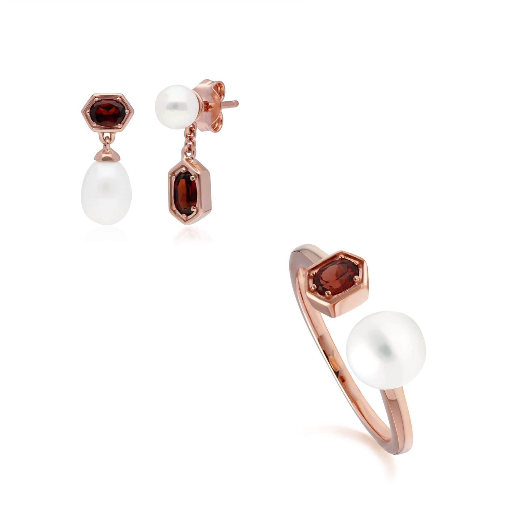 270E030407925-270R058908925 Modern Pearl & Garnet Earring & Ring Set in Rose Gold Plated Silver 1