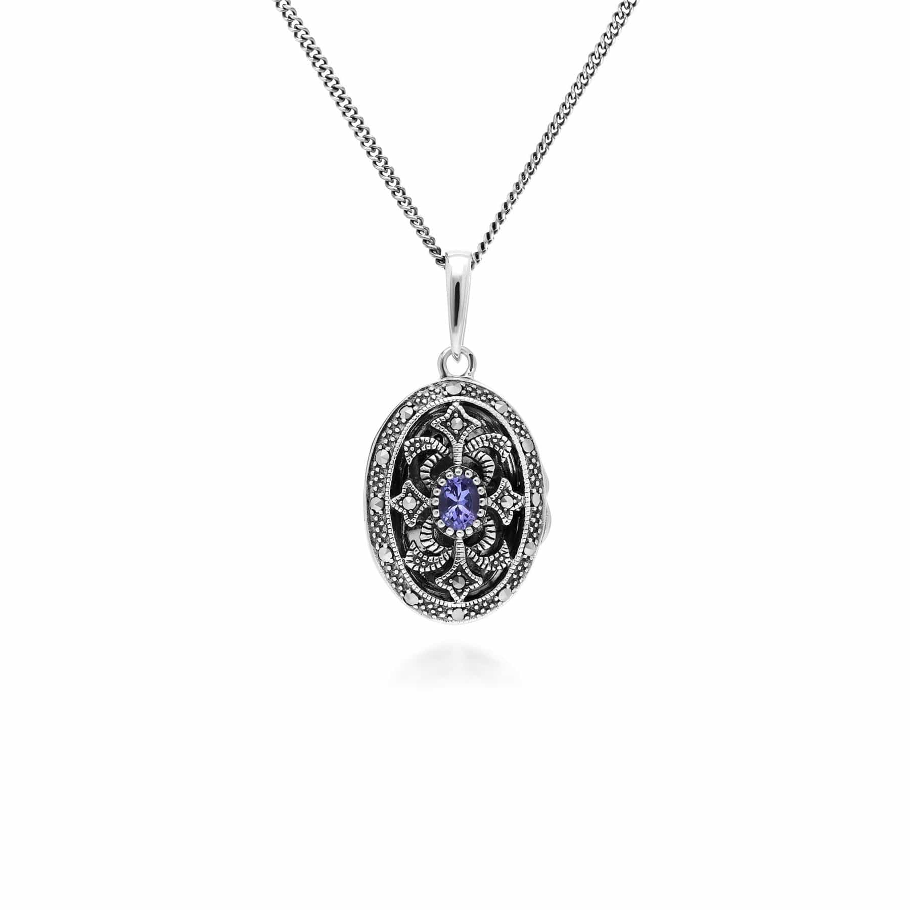 214N716209925 Art Nouveau Style Oval Tanzanite & Marcasite Locket Necklace in 925 Sterling Silver 1