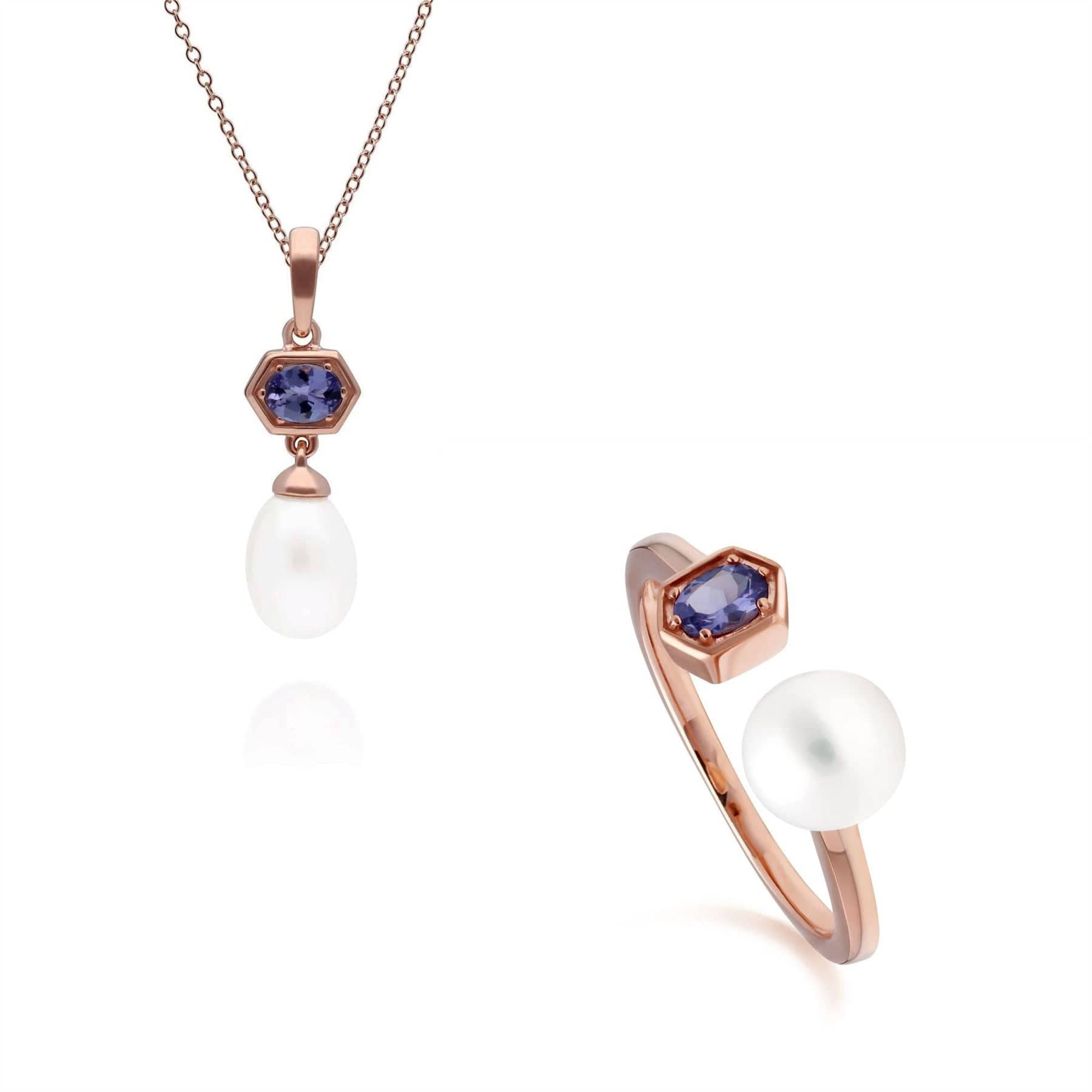 270P030408925-270R058909925 Modern Pearl & Tanzanite Pendant & Ring Set in Rose Gold Plated Silver 1
