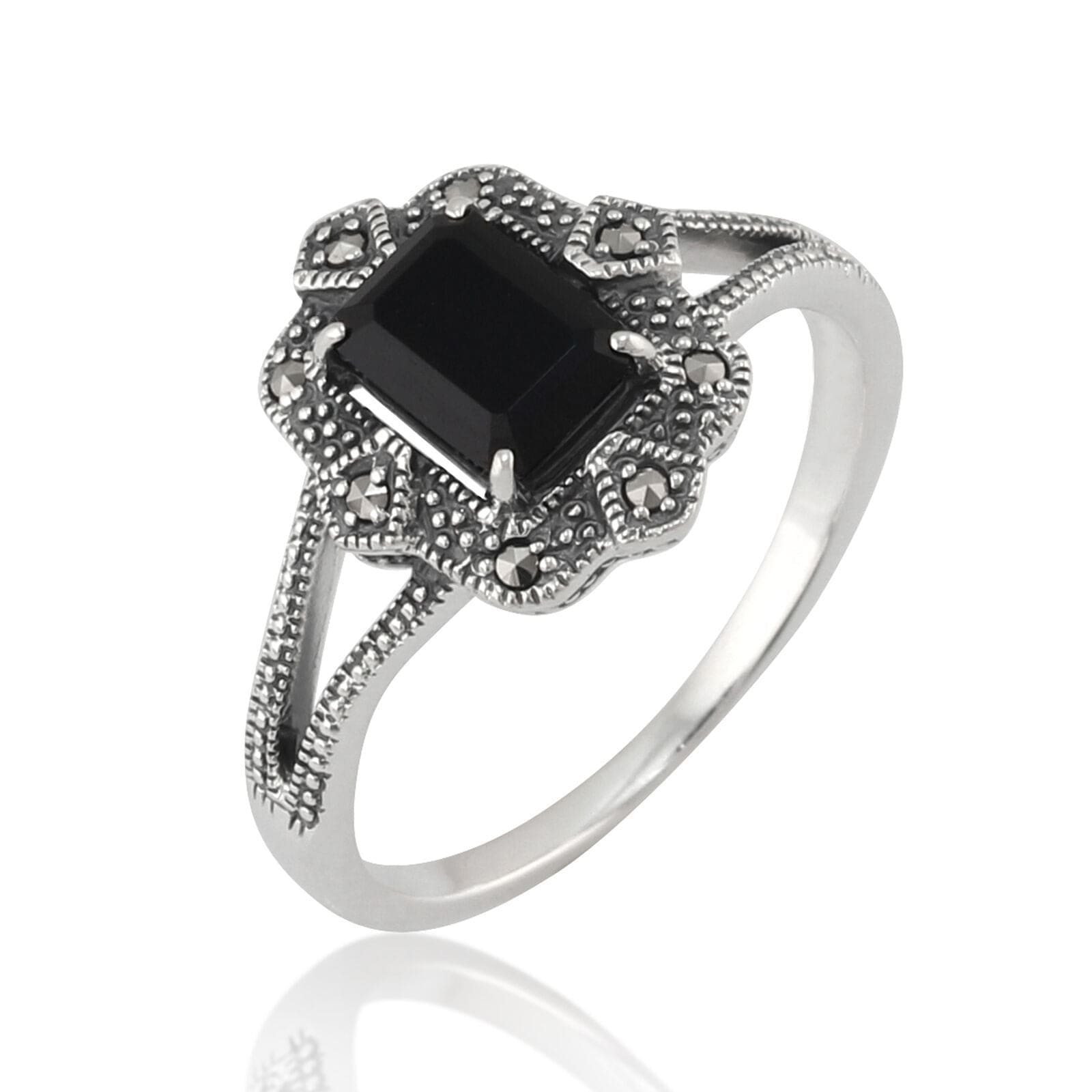 214R479001925 Art Deco Style Baguette Black Spinel & Marcasite Ring in Silver 3