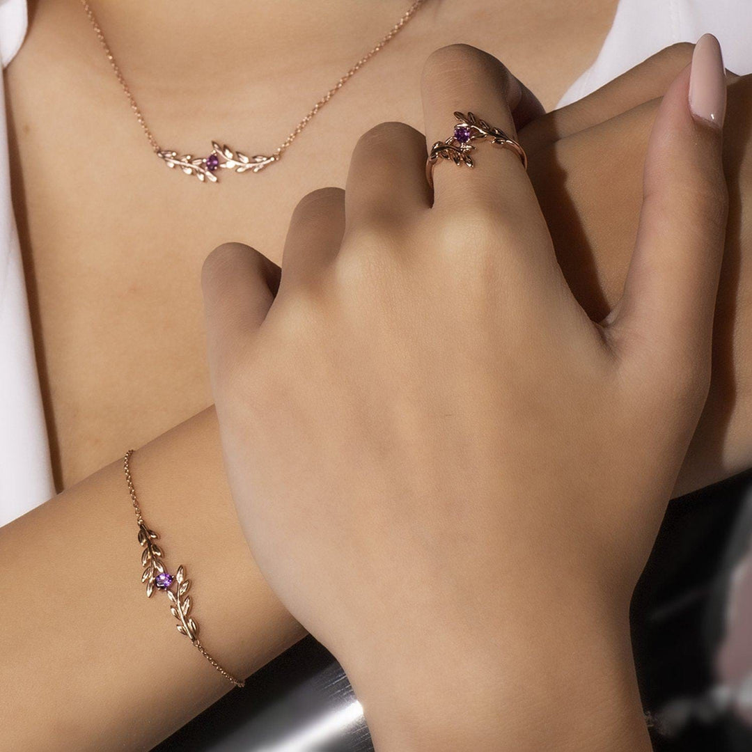 135N0364019 O Leaf Amethyst Necklace in 9ct Rose Gold 6