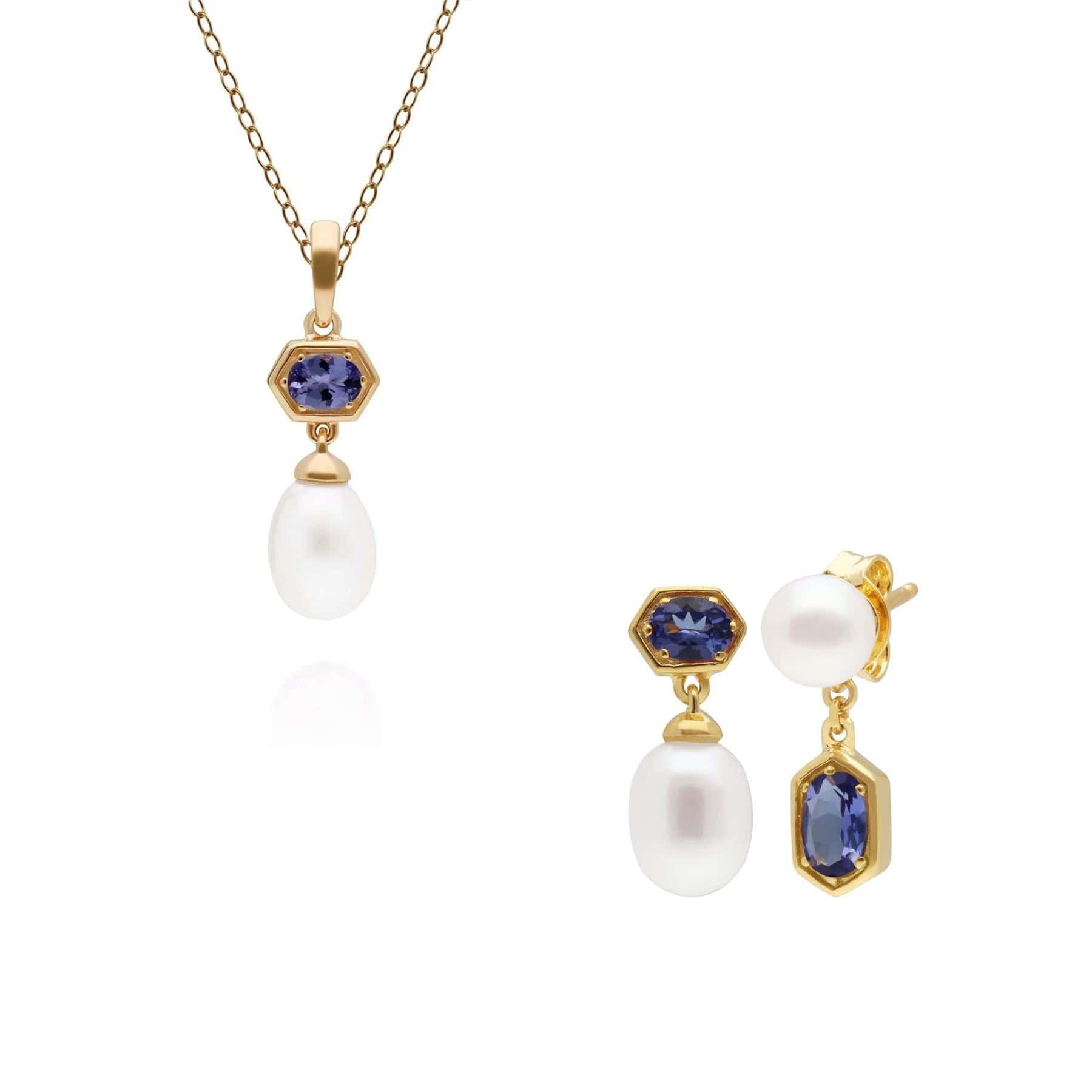 270P030208925-270E030208925 Modern Pearl & Tanzanite Pendant & Earring Set in Gold Plated Silver 1