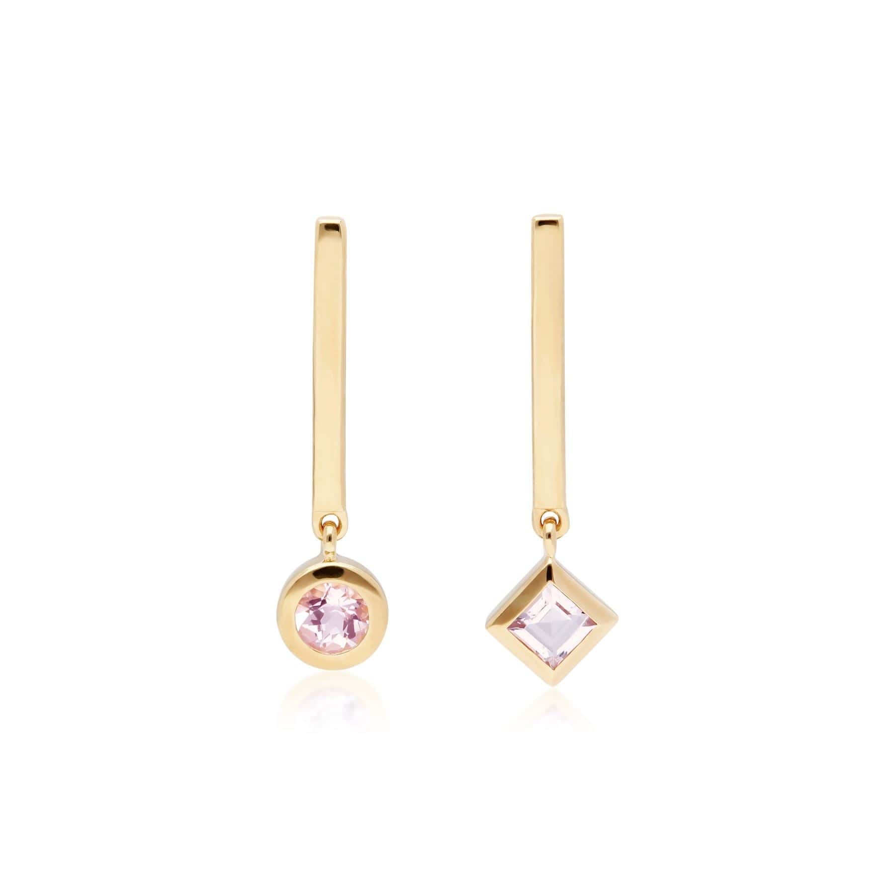 135E1635019 Micro Statement Mismatched Morganite Drop Earrings in 9ct Yellow Gold 1