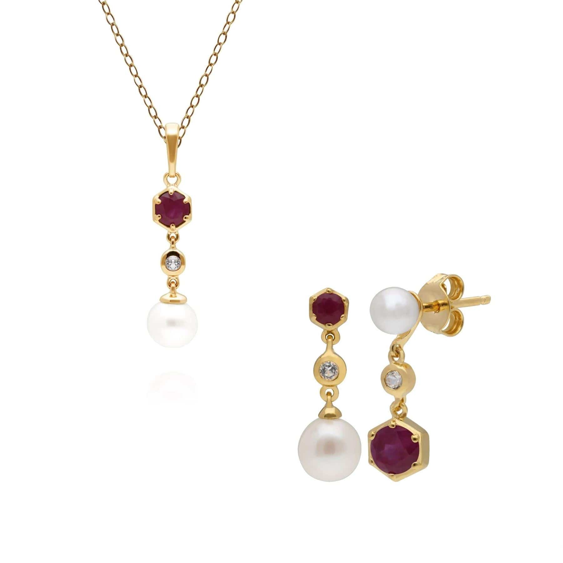 270P030102925-270E030102925 Modern Pearl, Topaz & Ruby Pendant & Earring Set in Gold Plated Silver 1