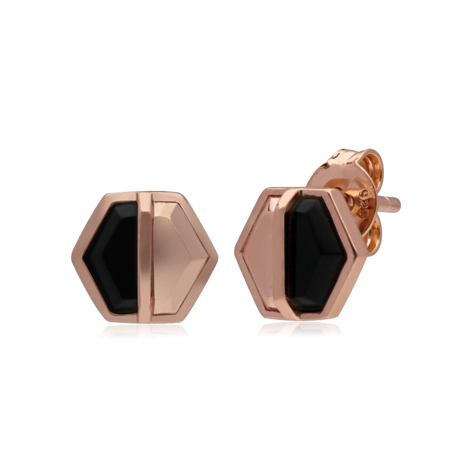 270E029704925 Micro Statement Black Onyx Hexagon Stud Earrings in Rose Gold Plated Silver 1