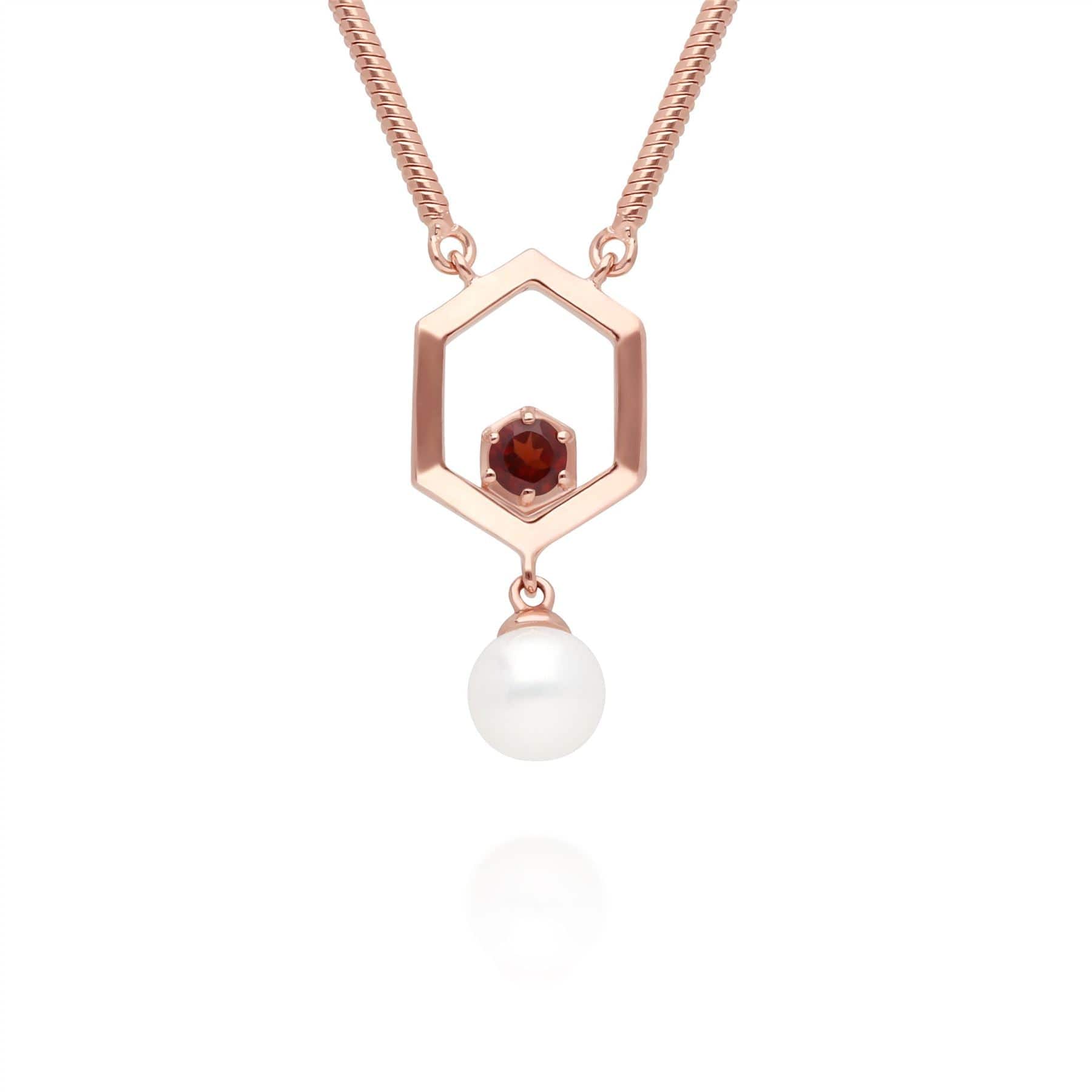 Modern Pearl & Garnet Hexagon Drop Necklace in Rose Gold Plated Silver - Gemondo