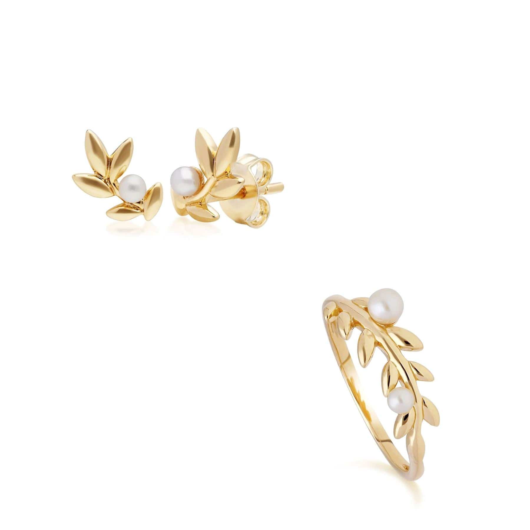 270E028101925-270R058401925 O Leaf Pearl Stud Earring & Ring Set in Gold Plated 925 Sterling Silver 1
