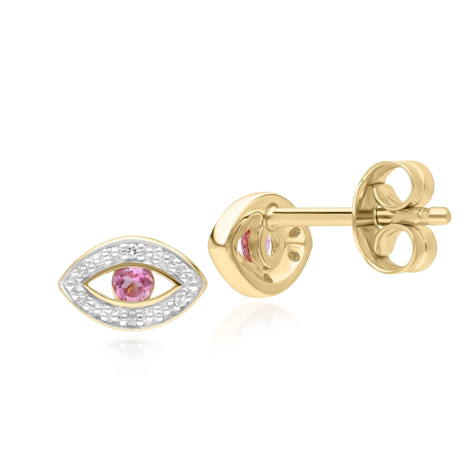 135E1824019 ECFEW™ Dainty Evil Eye Pink Tourmaline & Diamond Stud Earrings in 9ct Yellow Gold Side