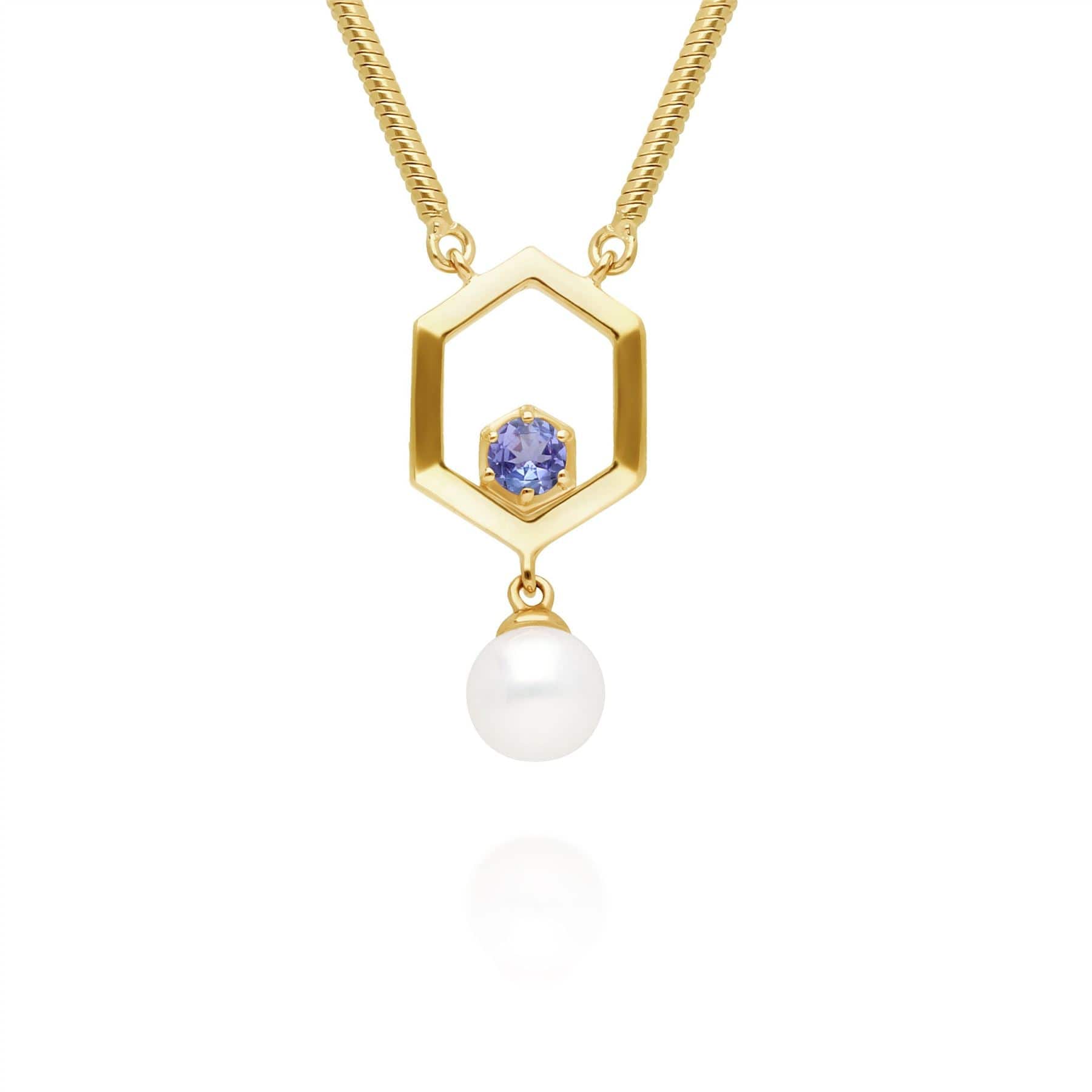 270N035809925 Modern Pearl & Tanzanite Hexagon Drop Necklace in Gold Plated Silver 1