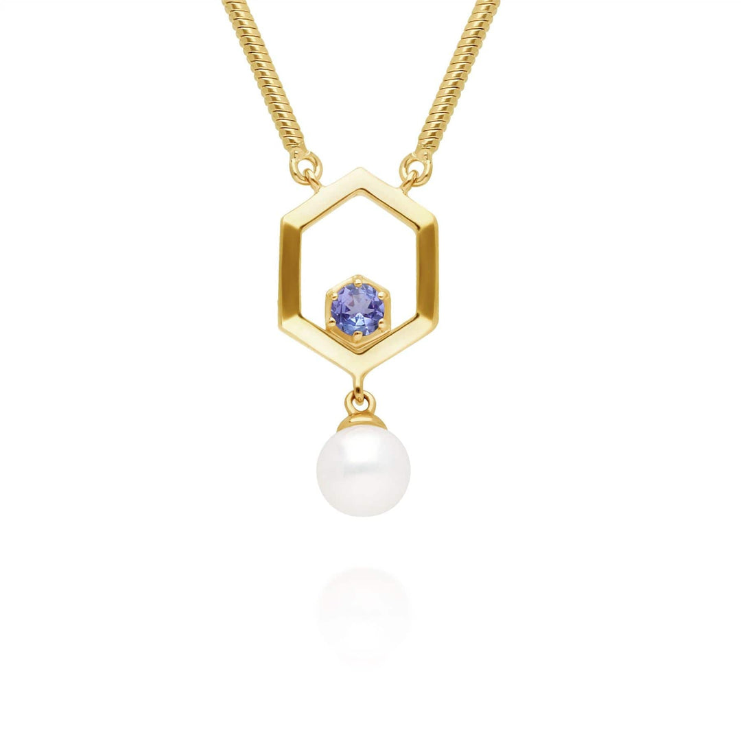 270N035809925 Modern Pearl & Tanzanite Hexagon Drop Necklace in Gold Plated Silver 1