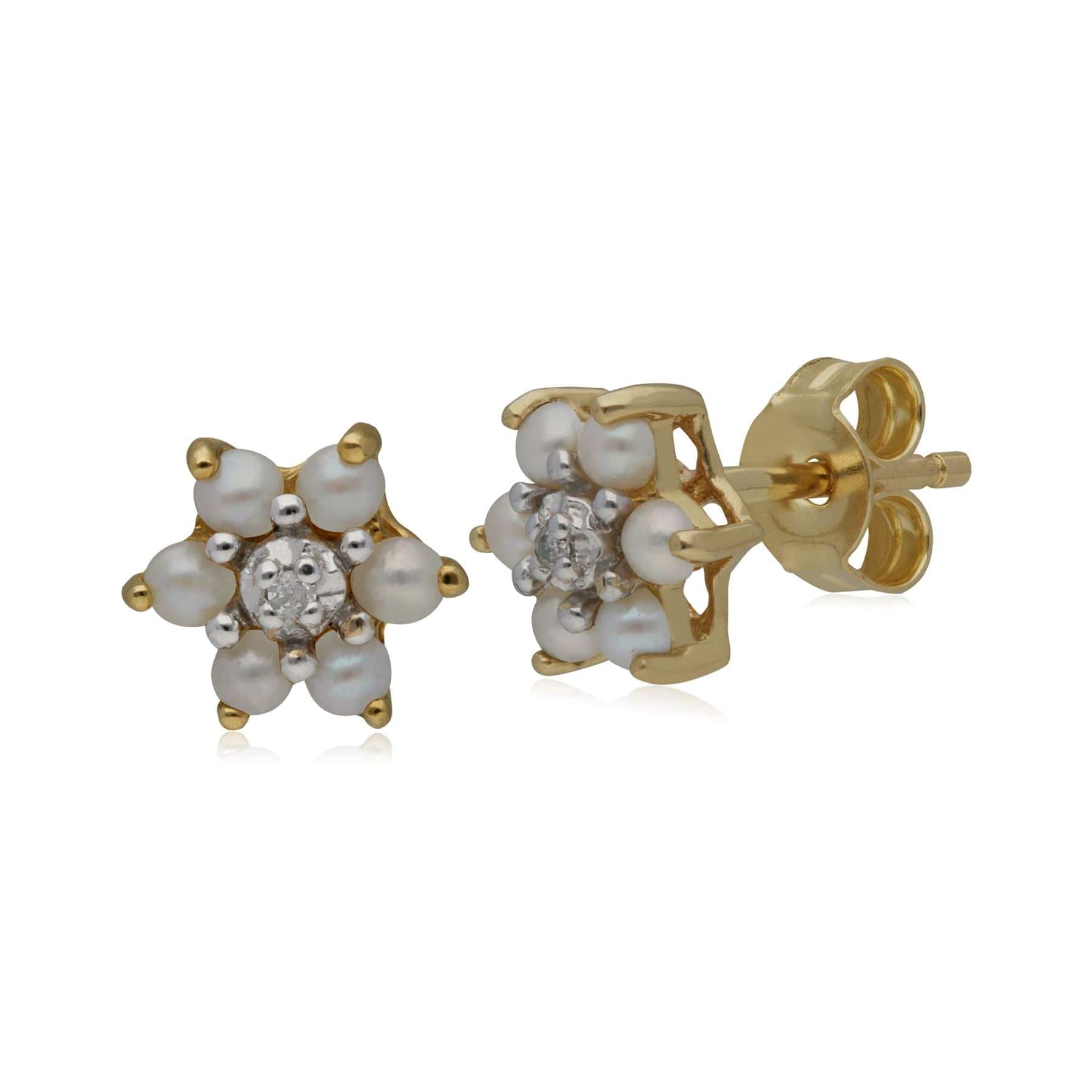 181E0726039 Classic Floral Pearl & Diamond Stud Earrings in 9ct Yellow Gold 1