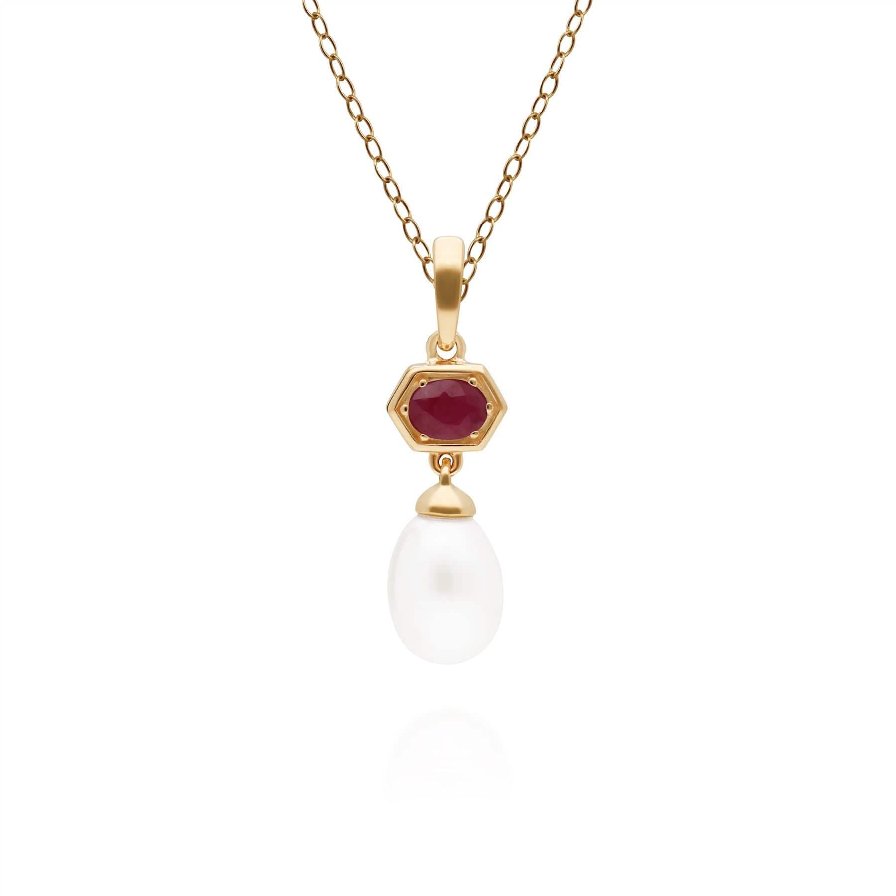 270P030202925 Modern Pearl & Ruby Hexagon Drop Pendant in Gold Plated Silver 1