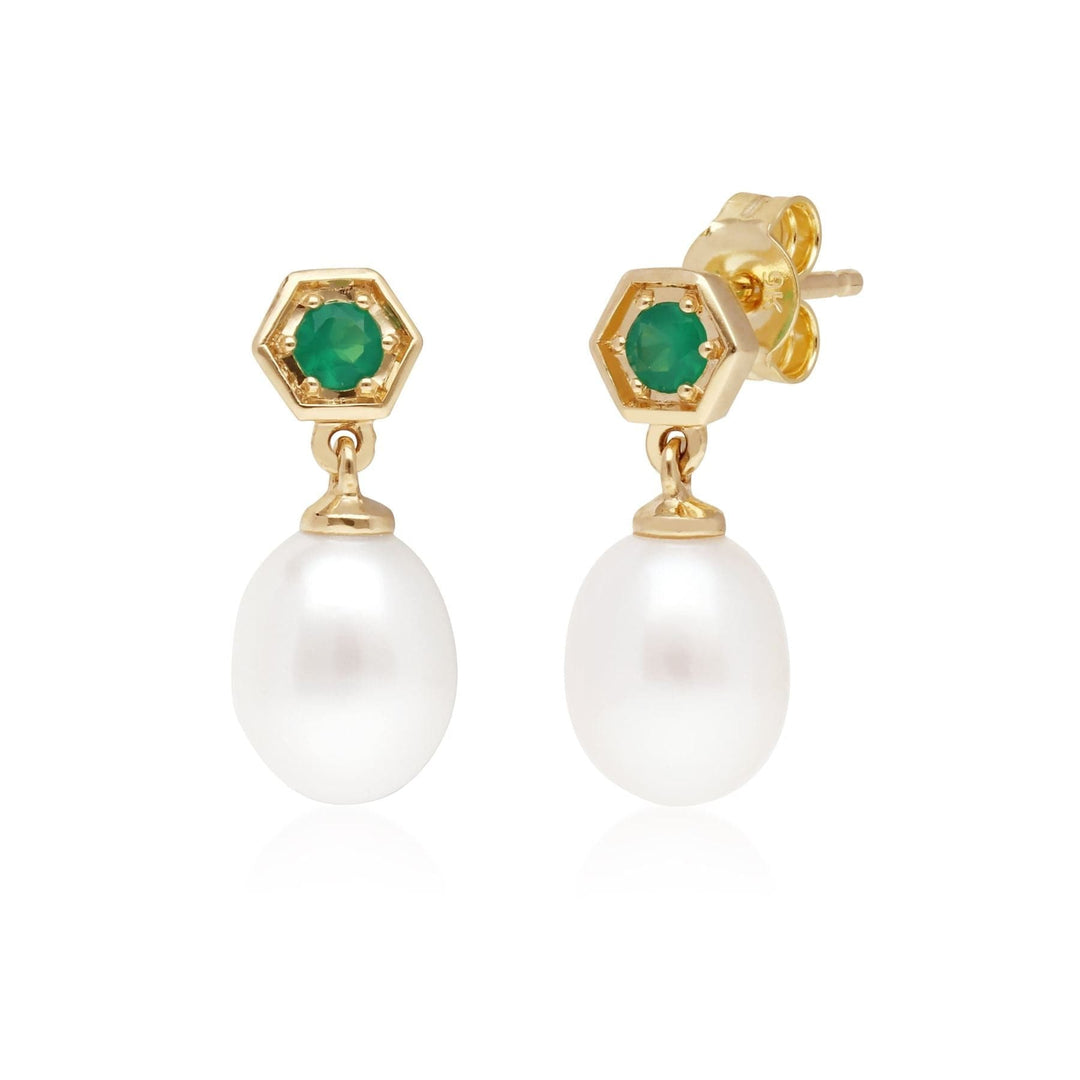 135E1673019 Modern Pearl & Dyed Green Chalcedony Drop Earrings in 9ct Gold 1