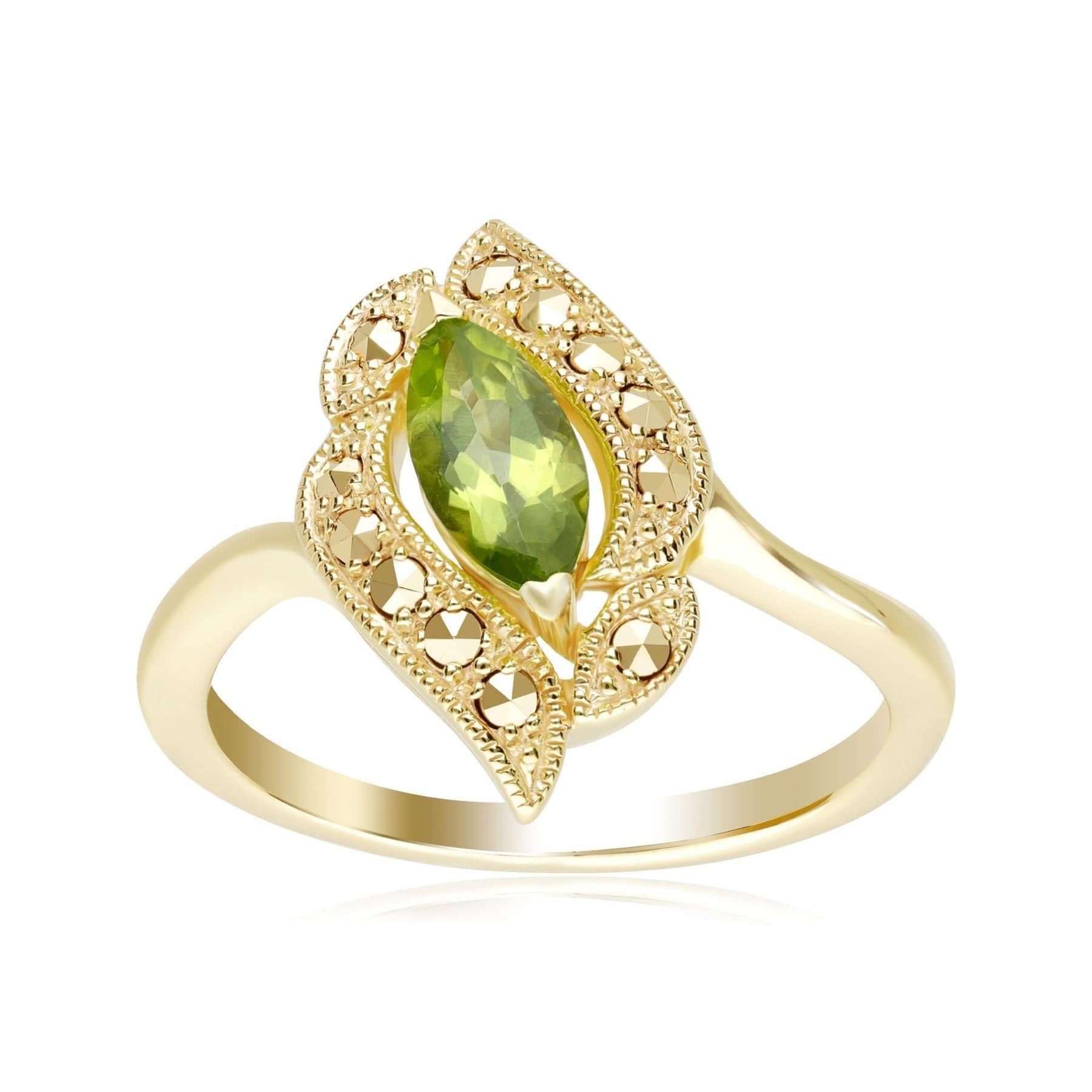 234R0437001925 Art Nouveau Inspired Peridot & Marcasite Ring In Yellow Gold Plated Silver 3