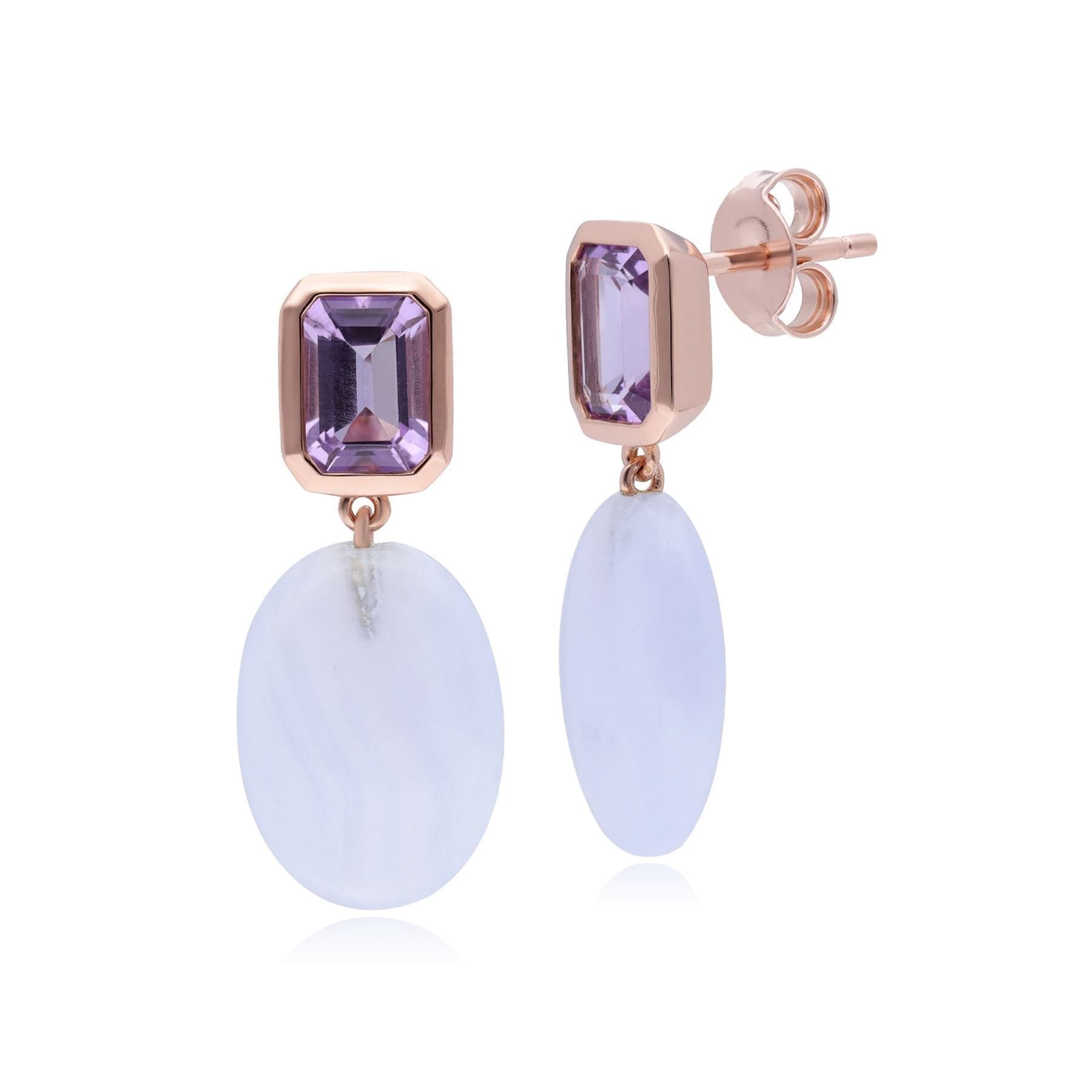 270E034502925 ECFEW™ Unifier Amethyst & Blue Lace Agate Drop Earrings In Rose Gold Plated Silver 1