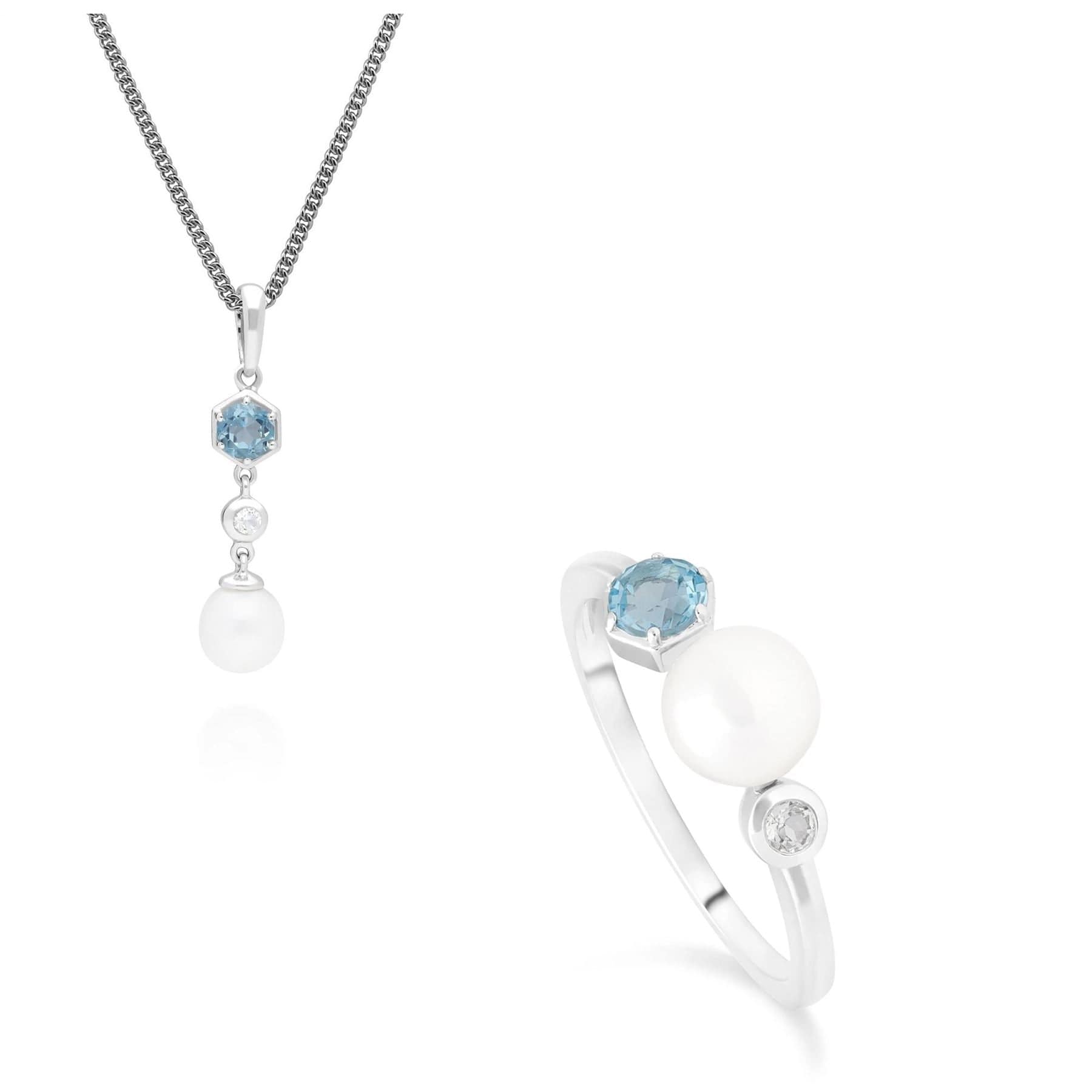 Modern Pearl & Topaz Ring & Pendant Set in Silver - Gemondo
