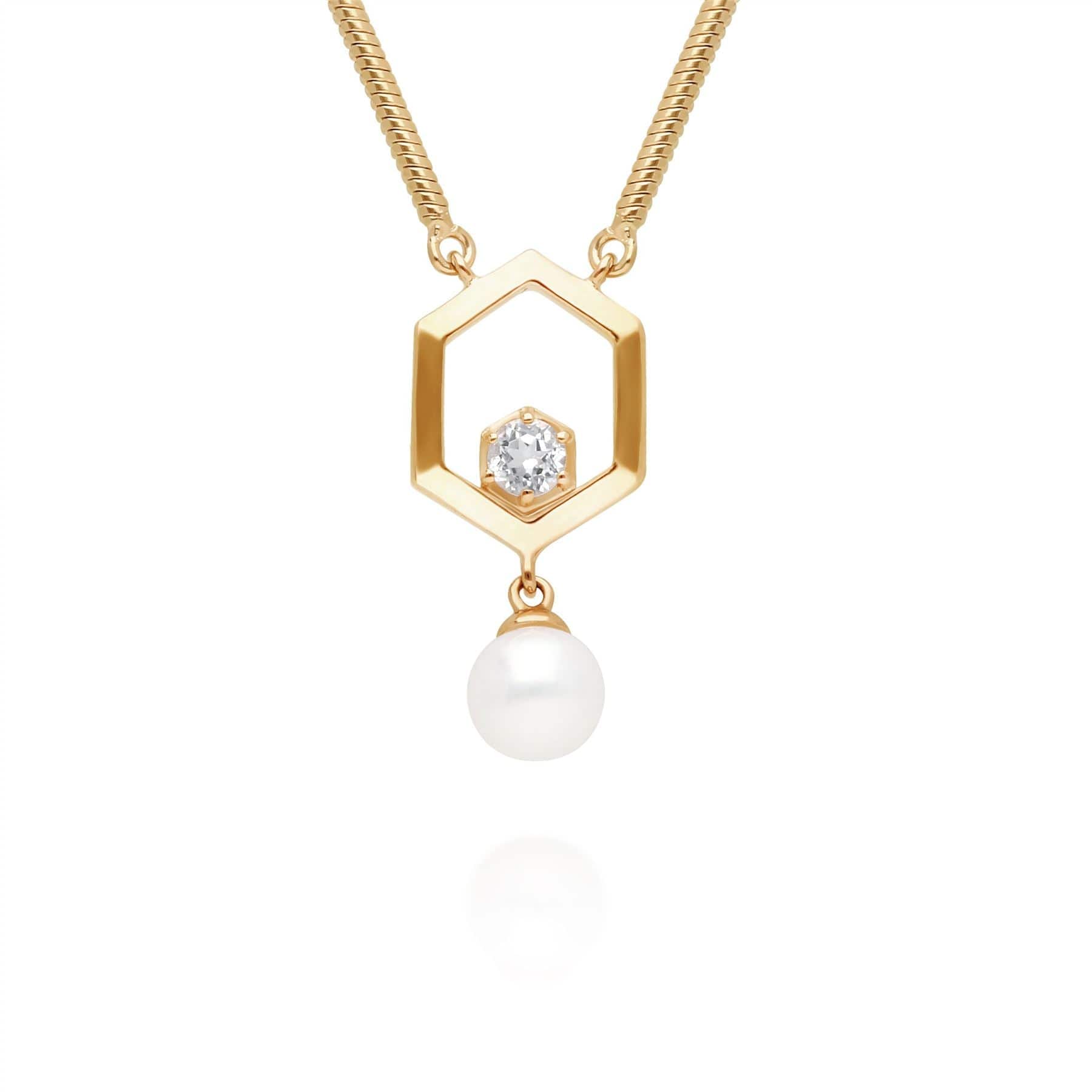 270N035810925 Modern Pearl & White Topaz Hexagon Drop Necklace in Gold Plated Silver 1