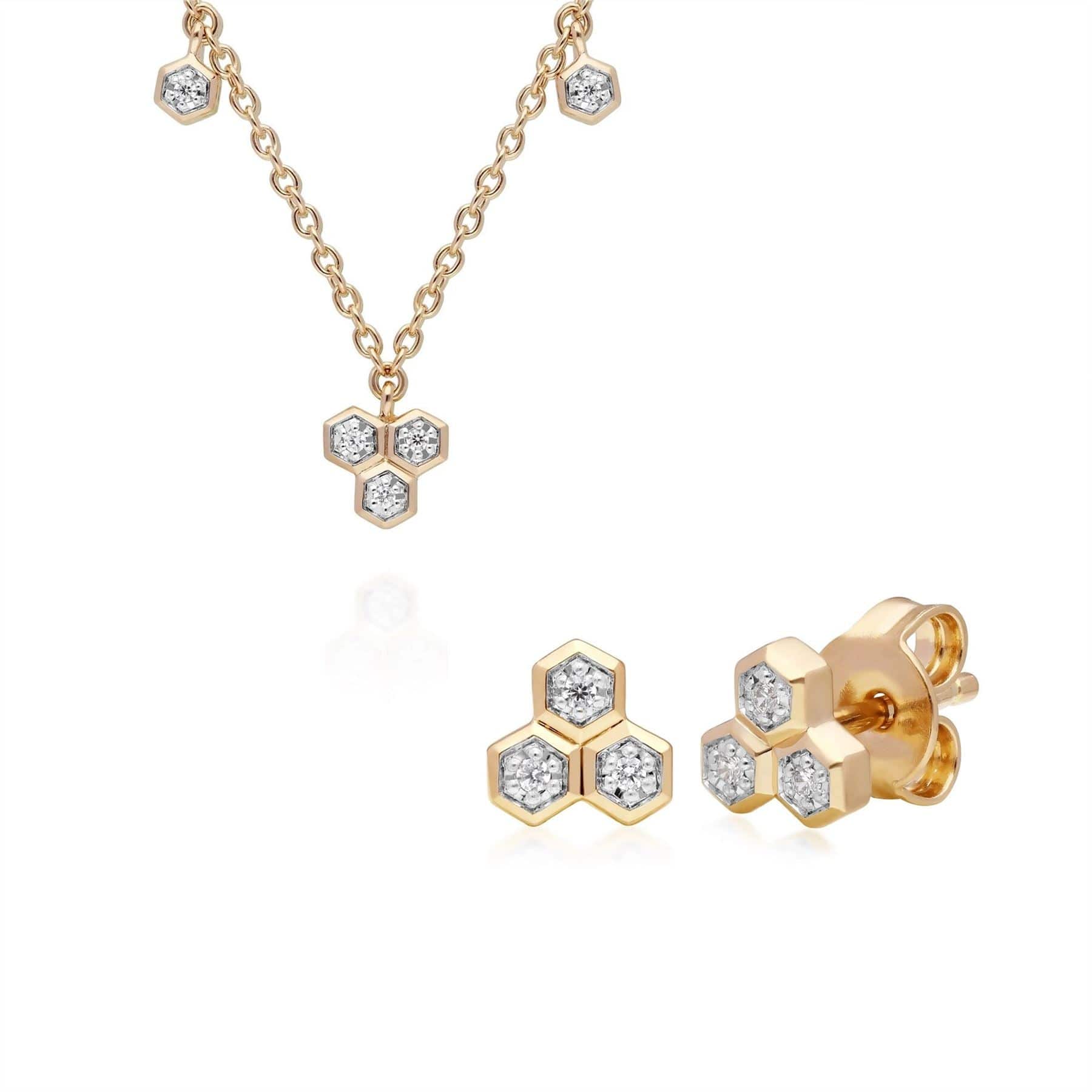 191N0229019-191E0398019 Diamond Trilogy Necklace & Stud Earring Set in 9ct Yellow Gold 1