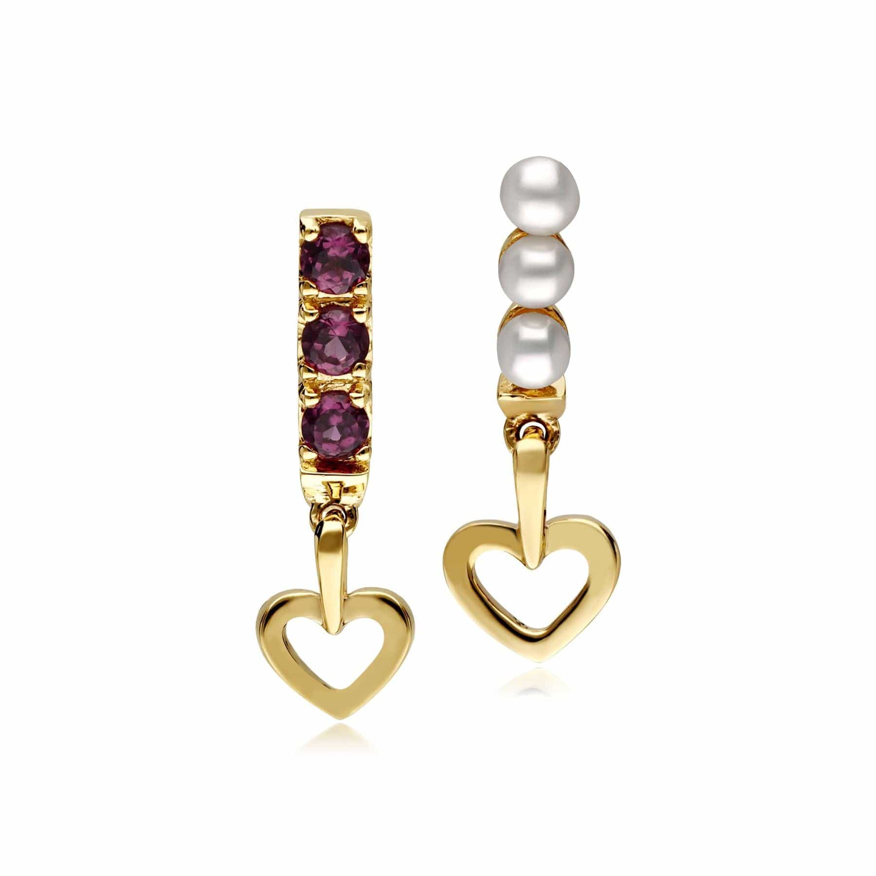 133E4182019 Cultured Freshwater Pearl & Rhodolite Mismatched Heart Drop Earrings In 9ct Yellow Gold 1