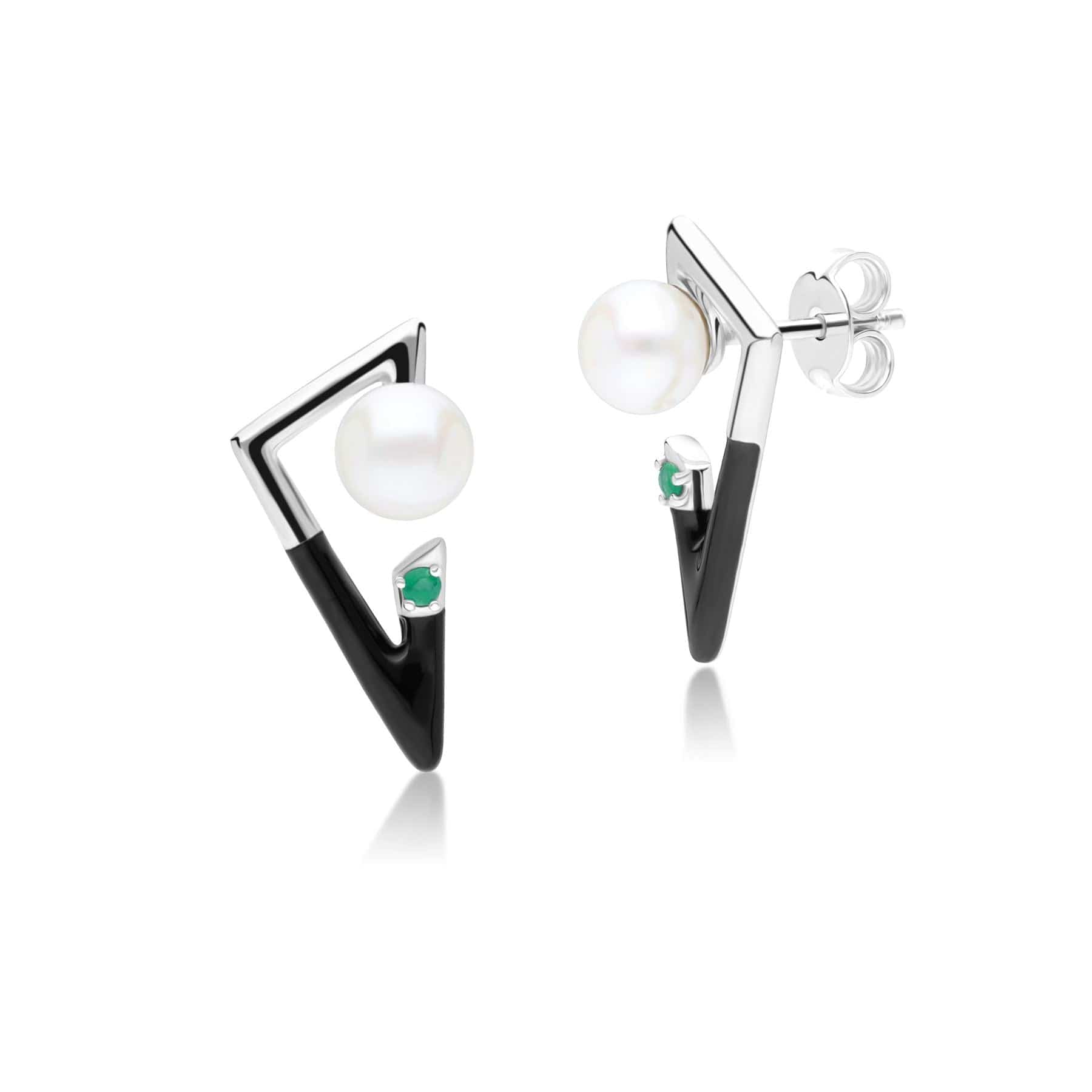 Grand Deco Emerald & Pearl Retro Earrings In Sterling Silver - Gemondo