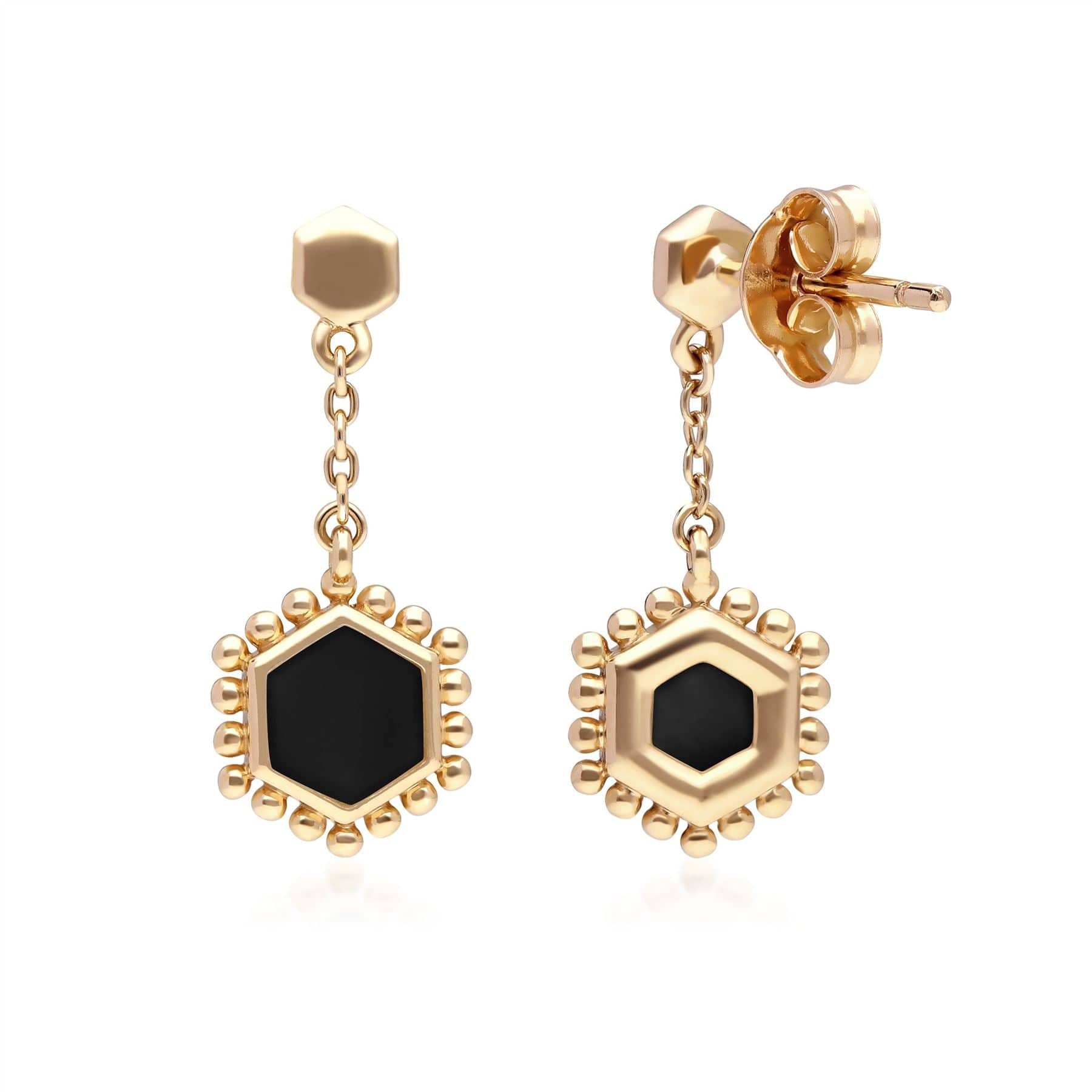 271E020802925 Black Onyx Flat Slice Hex Drop Earrings in Gold Plated Sterling Silver 2